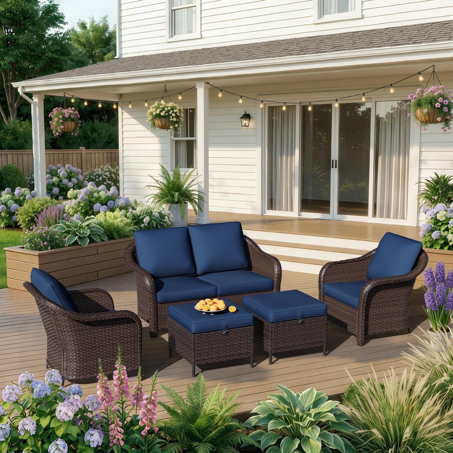 55 inch Outdoor Wicker 2 Seater Sofa, All-Weather Use Patio Rattan Loveseat with Seat and Back Cushion, Ideal for Porch, Backyard, Balcony, Poolside, Blue
