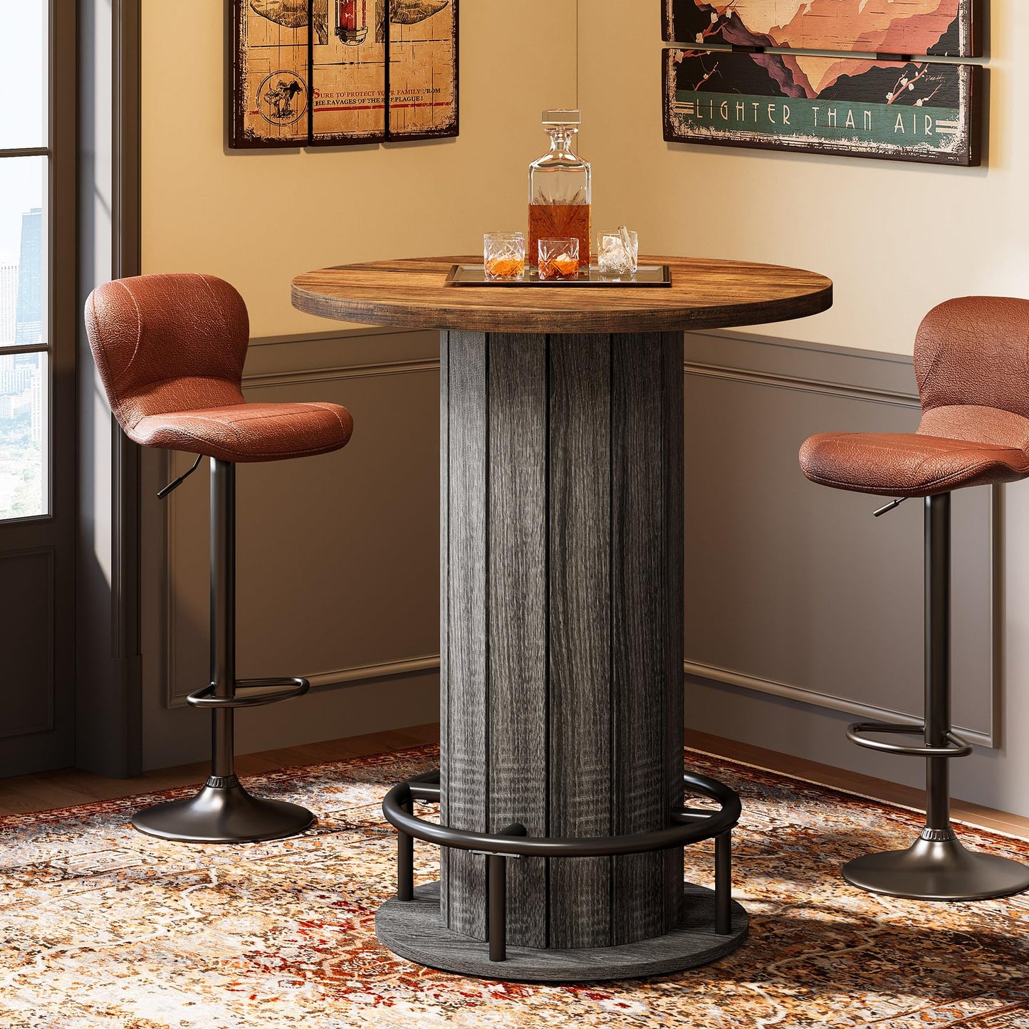 Tribesigns Round Bar Table, 39.4" H Wood Bistro Pub Table with Metal Ring Footrest for Dining Coffee Cocktail Living Room, Small Space, Black (Only Table)