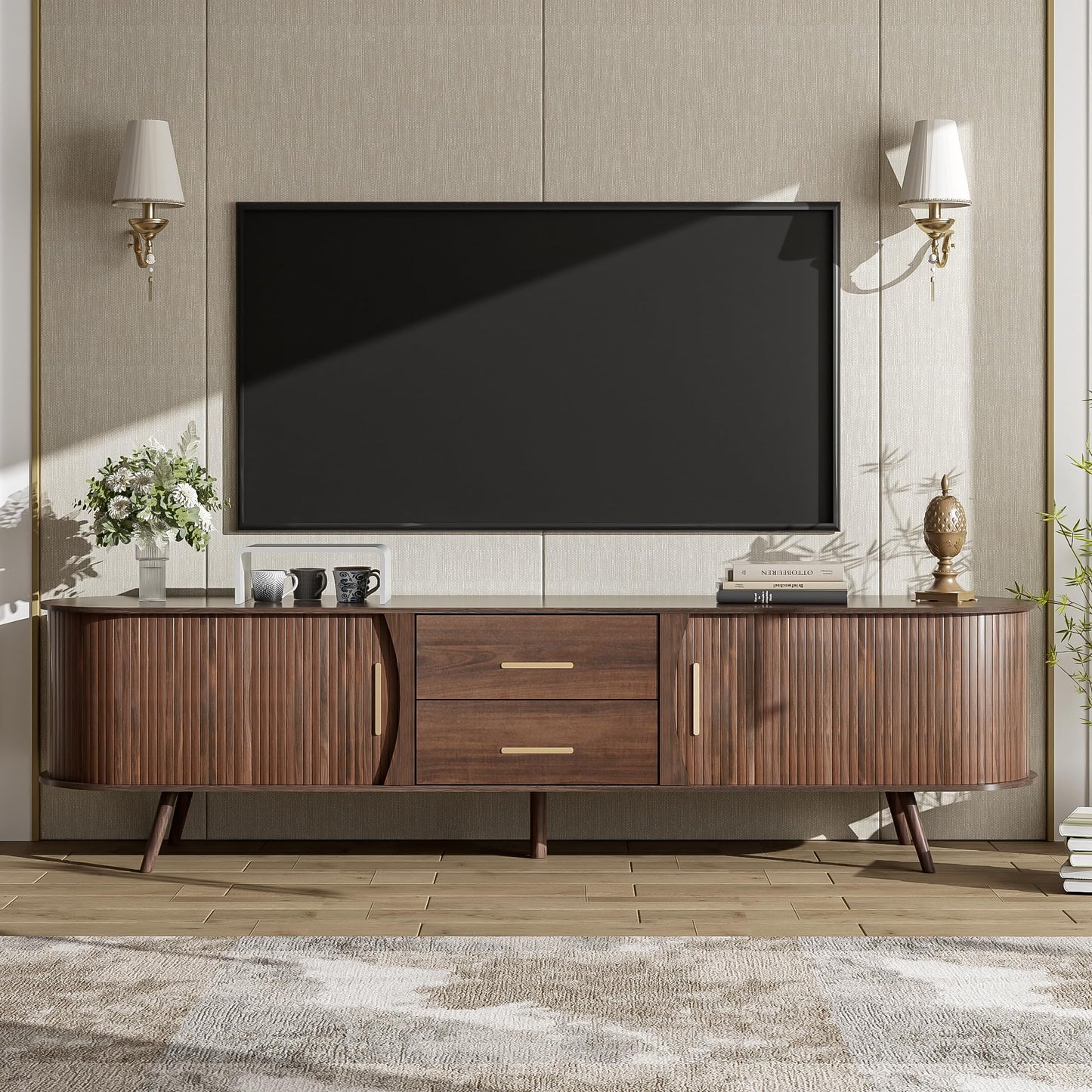 LKTART 67" Mid Century Modern TV Stand for 65/70/75/80" TVs,Entertainment Center with Sliding Doors and Drawers,Media Console for Living Room