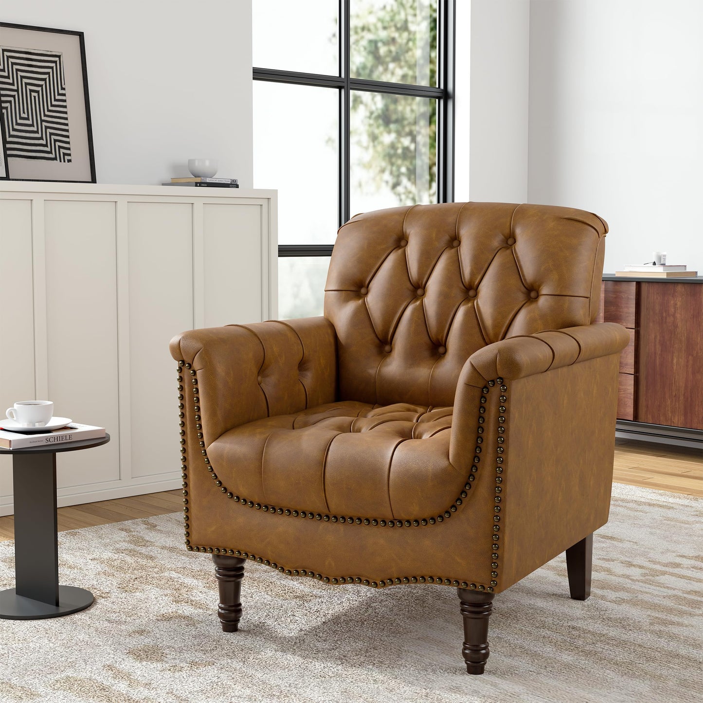 Faux Leather Club Chair, Retro Upholstered Armchair Accent Chair with Solid Wood Legs & Nailhead Trim for Living Room, Bedroom, Reading Room, Camel