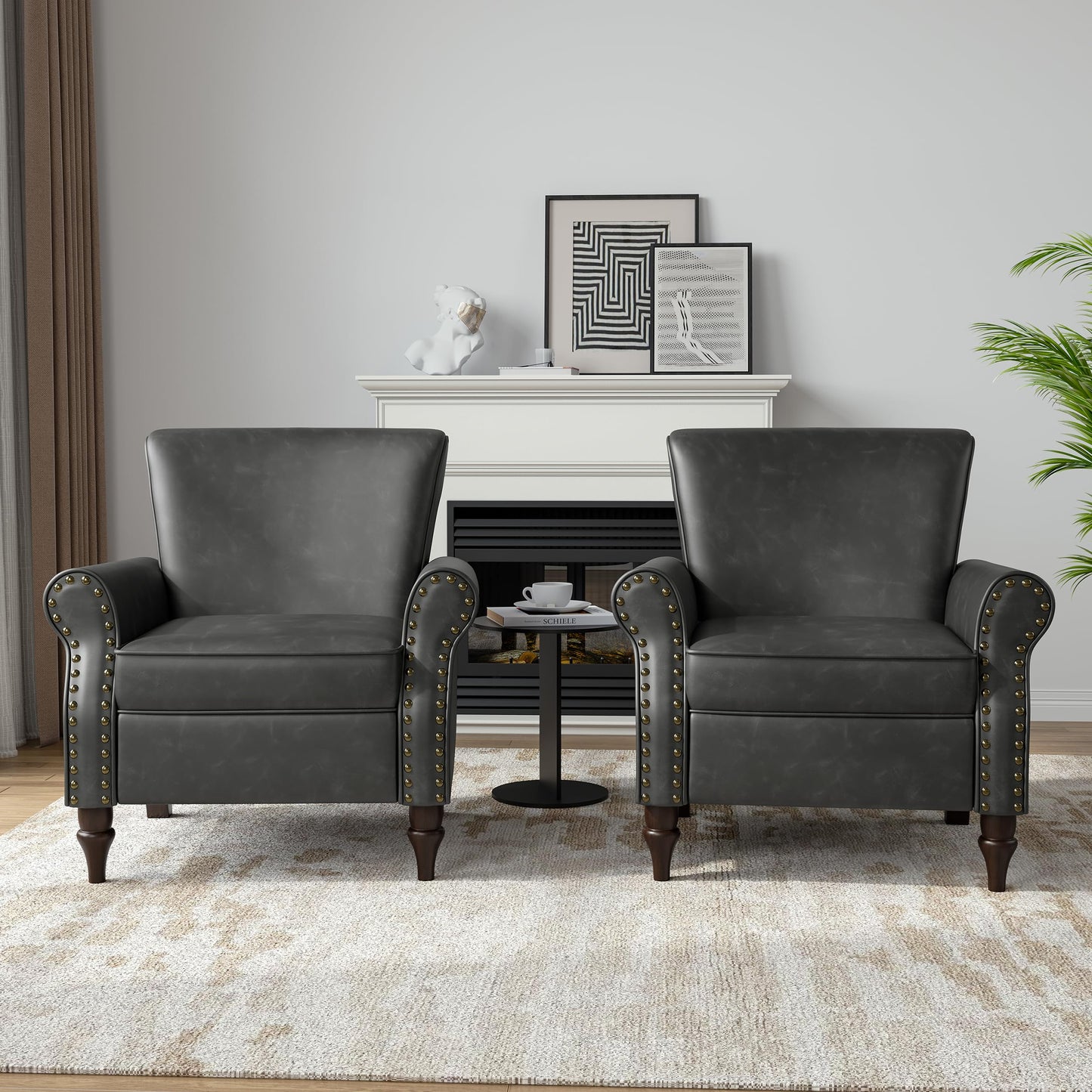 Wingback Accent Chairs Set of 2, Mid-Century Modern Upholstered Armchair Living Room Chair with Nailhead Trim & Rolled Armrest, Comfy Lounge Chair Single Sofa Chair for Bedroom, Light Blue