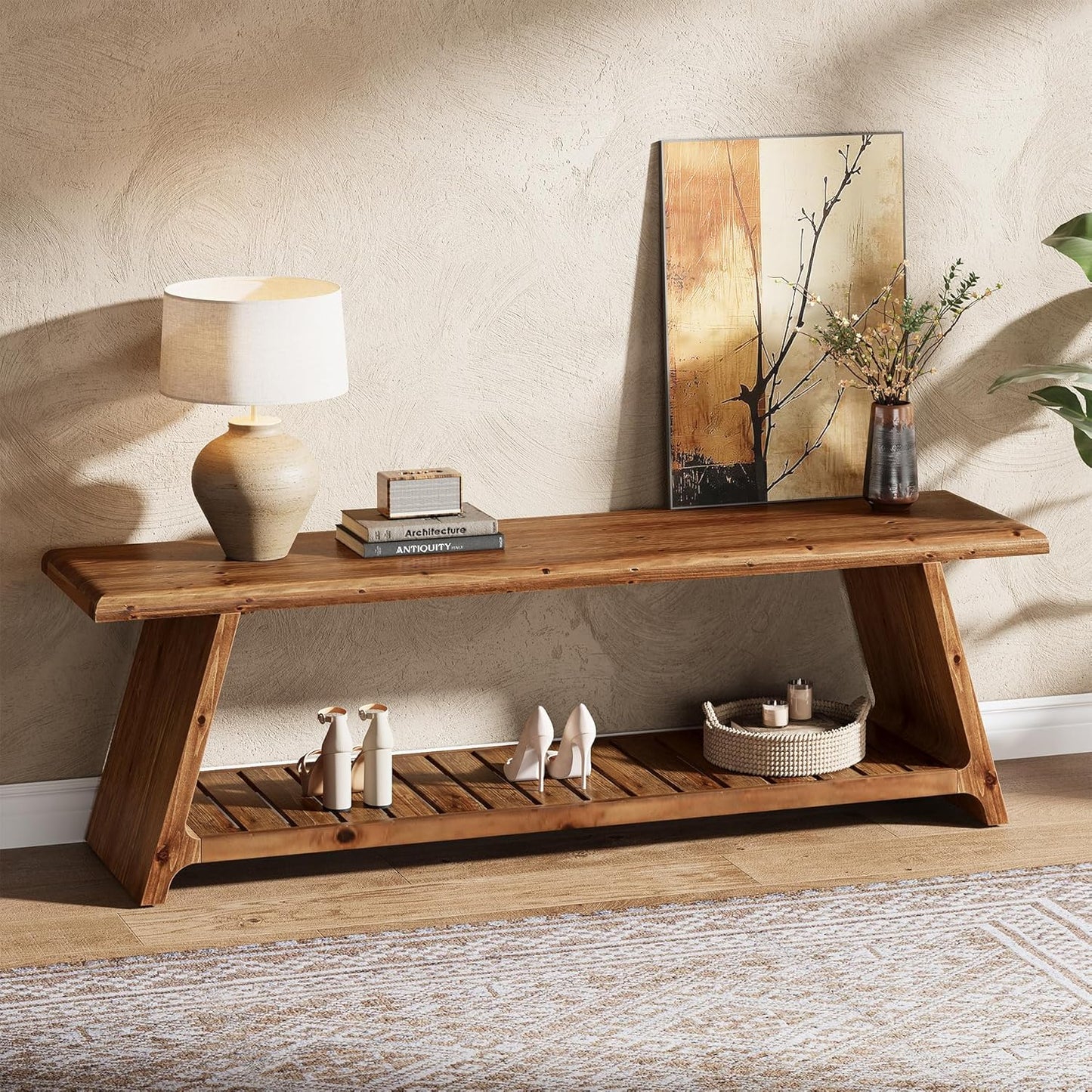 63-Inch Long Solid Wood Entryway Bench, Farmhouse Narrow Shoe Bench Seat, End of Bed with Storage for Entry, Hallway, Indoor, Living Room, Dark Walnut Brown