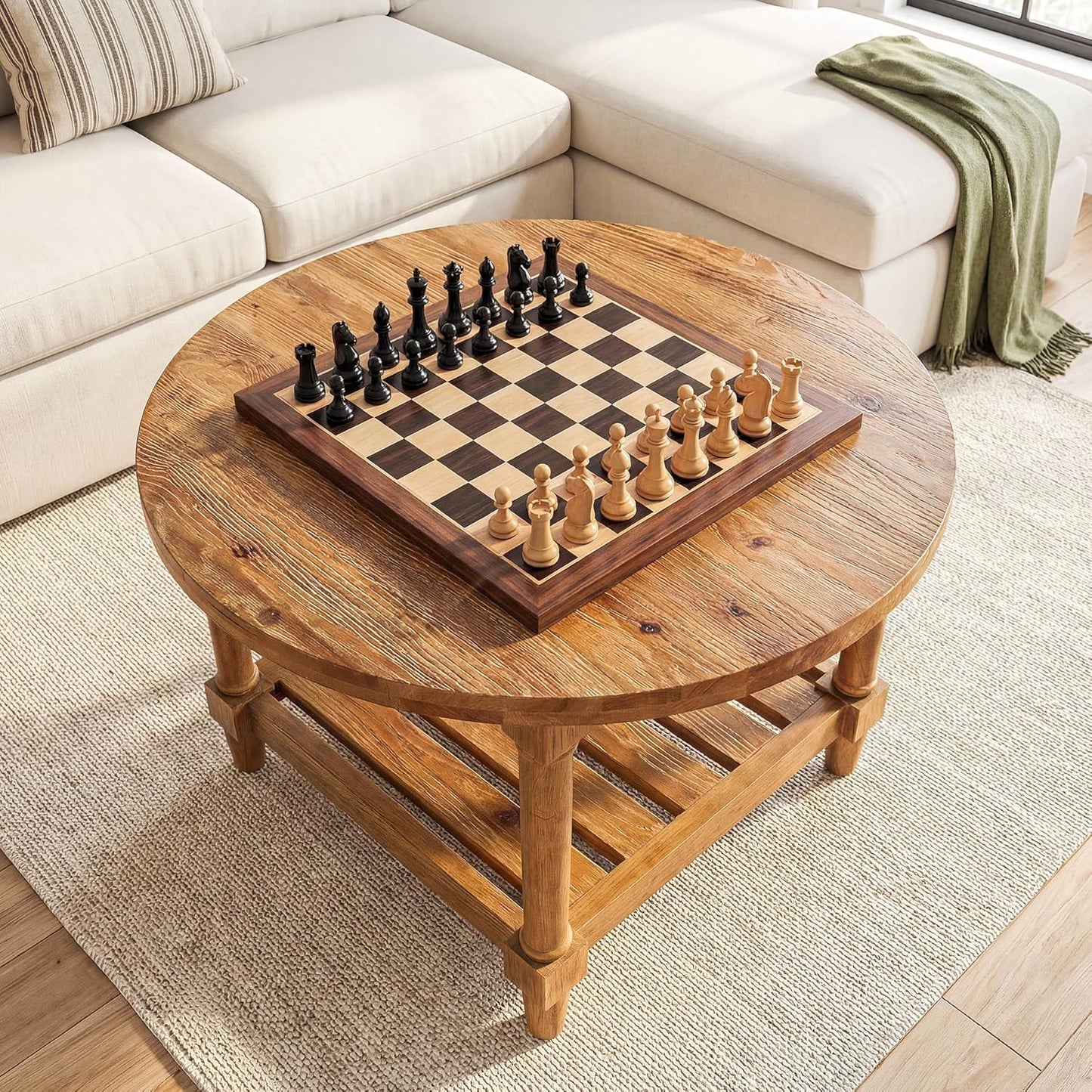 Round Coffee Table, 31.5" Farmhouse Solid Wood Center Table with Storage, 2-Tier Circle Accent Table for Living Room, Small Spaces, Apartment, Rustic Brown
