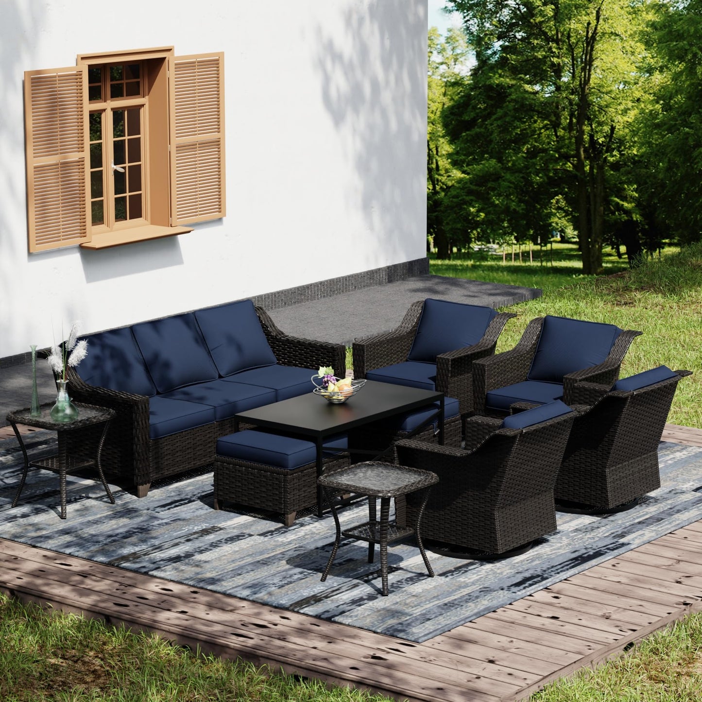 Joyside Patio Sofa - 3 Seater Rattan Sofa, All Weather High Back Sofa, Upgraded Large Size with 4inch Seat Cushions for Backyard, Garden, Poolside (Brown/Blue)