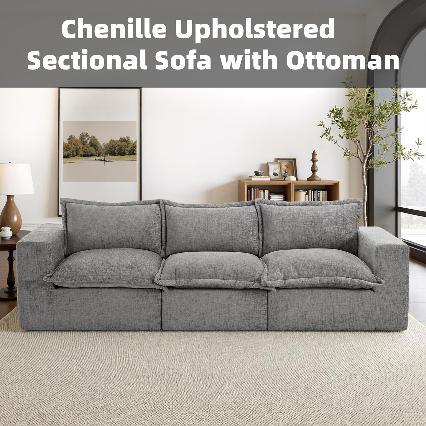 116" Modular Sectional Sofa, Comfy L Shaped Modular Coush Sofa with Ottoman, 3-Seat Chenille Cloud Couches Deep Seat Sofa for Living Room, Apartment, Small Spaces, Beige