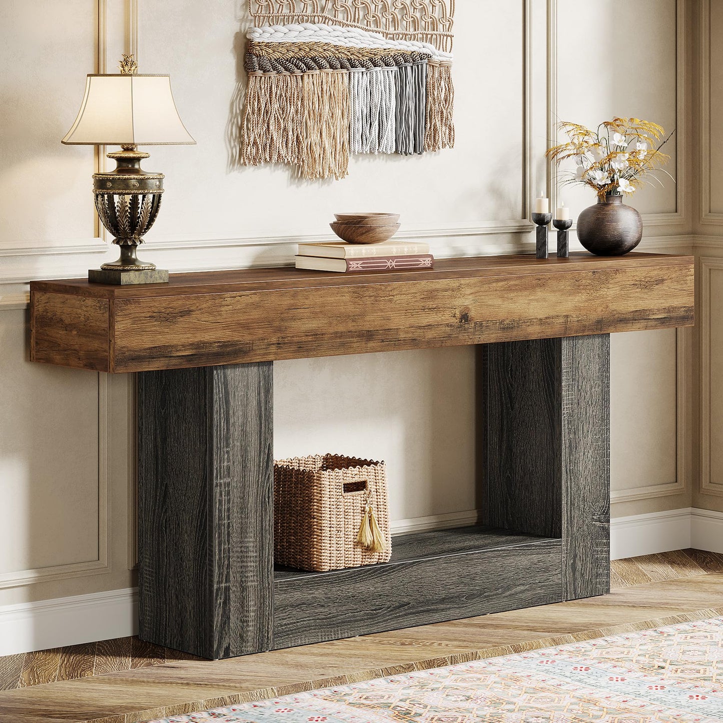 Tribesigns 63" Console Table, Farmhouse 2-Tier Entryway Table with U-Shaped Base, Narrow Long Wood Sofa Table Behind Couch Table for Living Room, Hallway, Foyer, Vintage Brown & Gray | Farmhouse