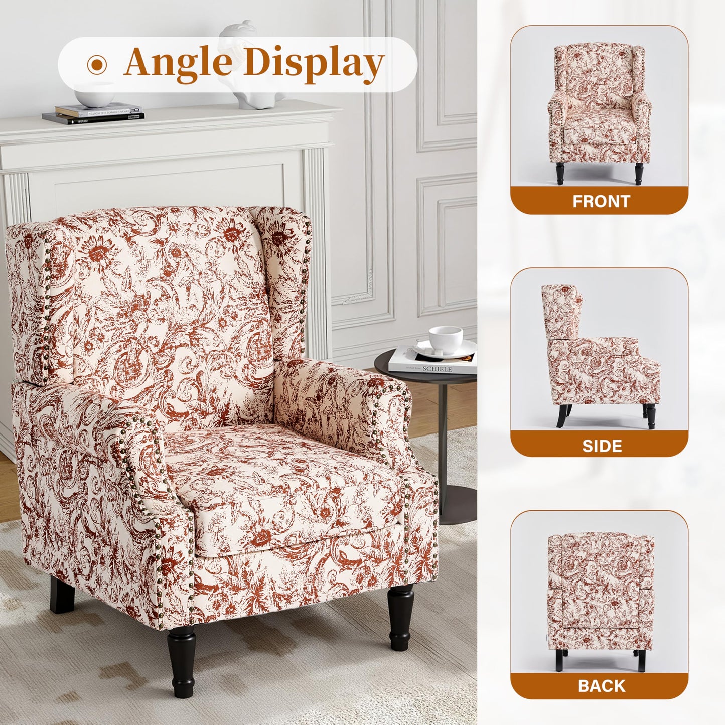 Floral Wingback Accent Chair, High Back Upholstered Armchair, Comfy Fabric Wingback Arms Chairs with Solid Wood Legs, Single Sofa Reading Chair for Bedroom Living Room, Beige