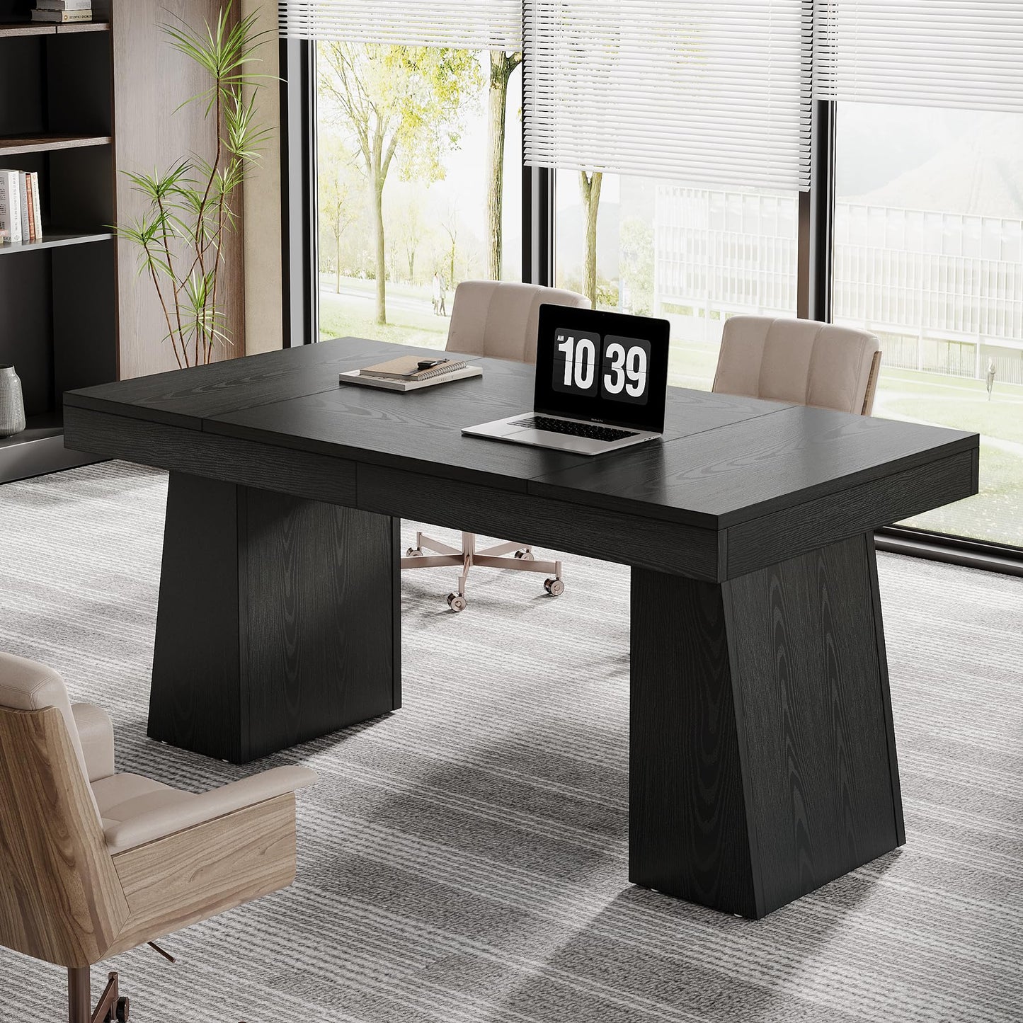 Tribesigns 55 Inches Executive Desk, Mid-Century Modern Home Office Desk, Wood MDF Computer Table Business Workstation Small Conference Table, Light Brown
