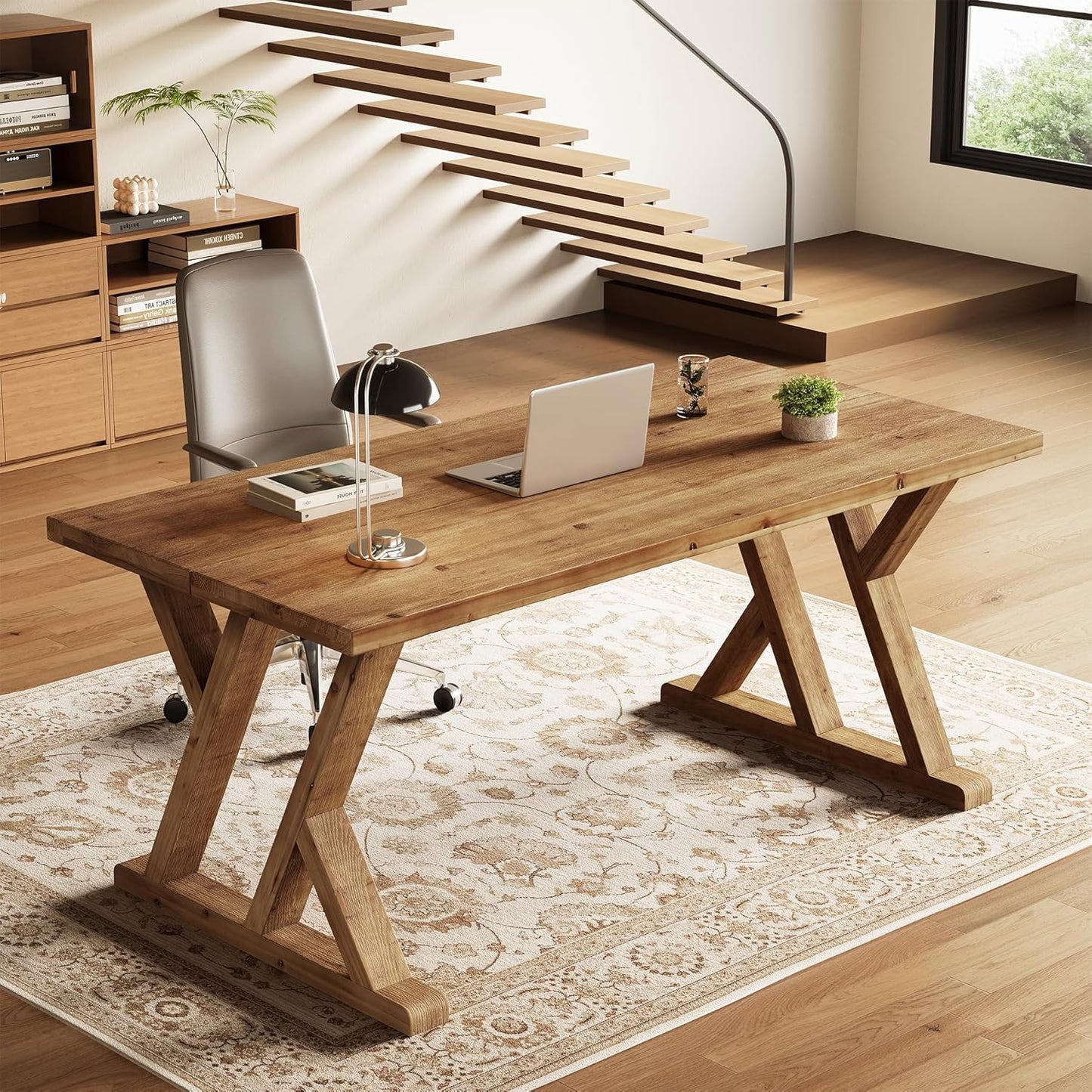 63" Solid Wood Executive Desk for Home Office, Farmhouse Wooden Large Office Computer Desk, Writing Study Table Business Workstation with X Shaped Legs, Rustic Brown