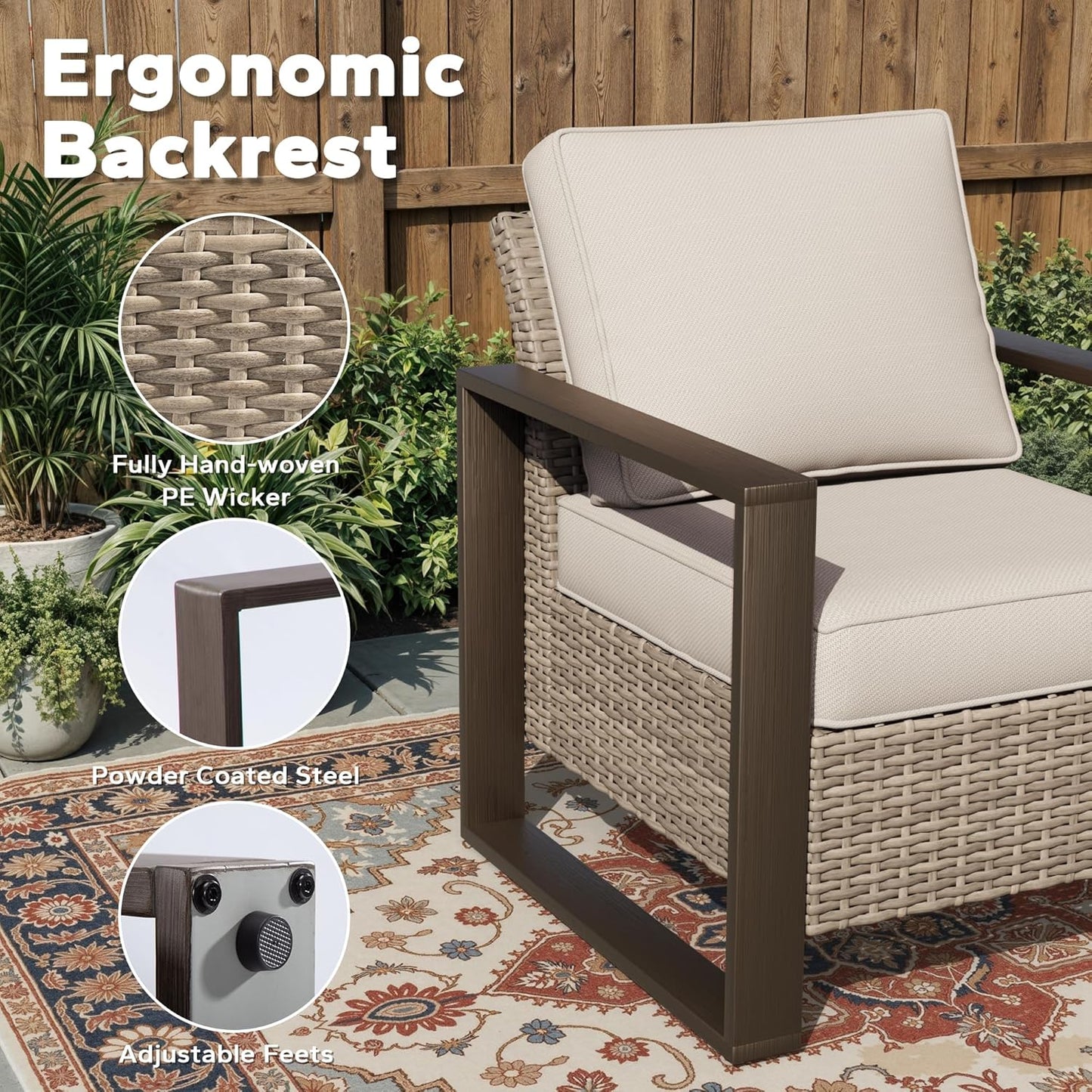 Joyside Outdoor Patio Chairs, 3 Pieces Wicker Rattan Furniture Set, 2 Patio Chairs and 1 Table, Metal Wide Armrest, Thick Cushions and Deep Seating for Garden, Backyard, Porch, Deck