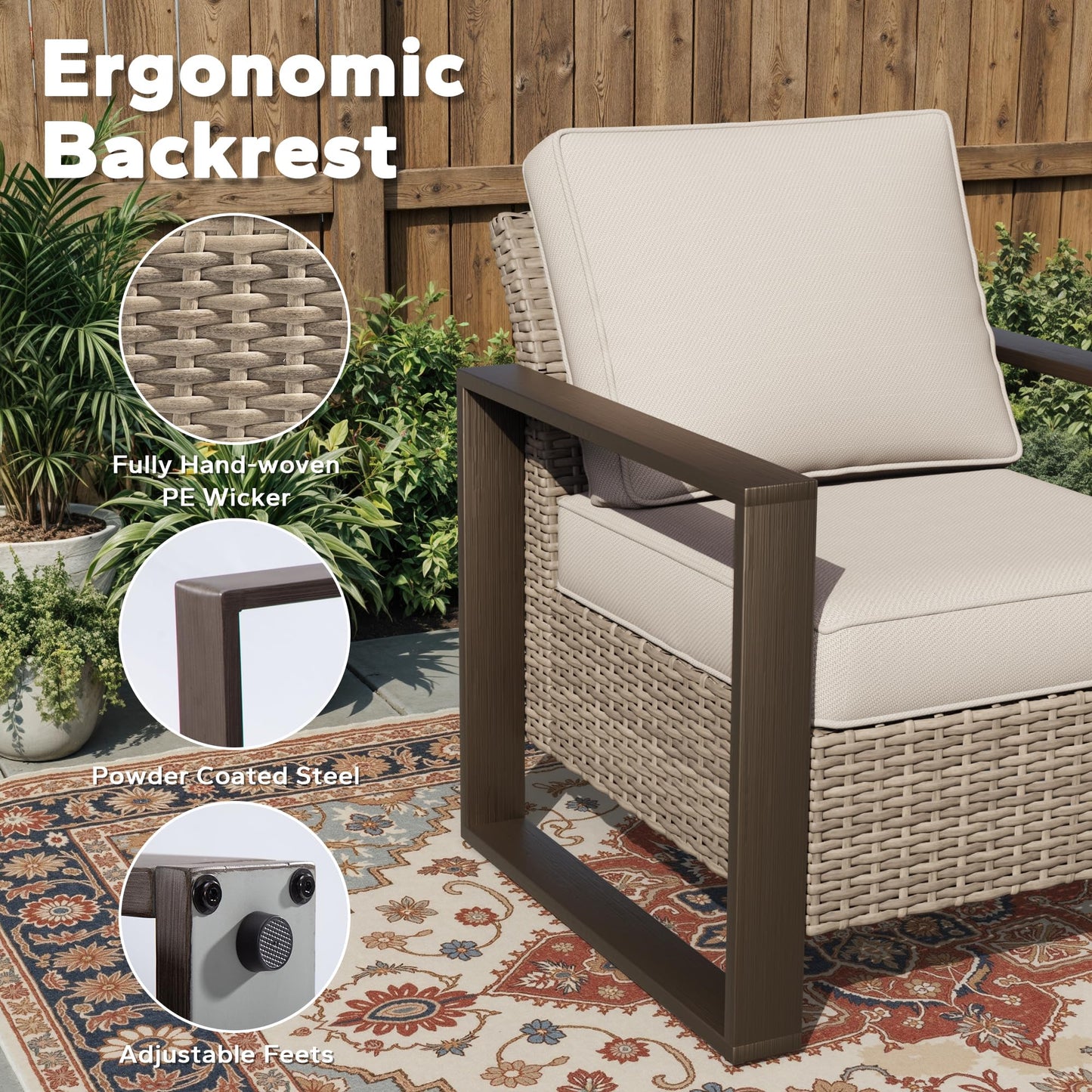 Joyside Outdoor Patio Swivel Rocker Chairs, 3 Pieces Wicker Furniture Set, 2 Swivel Rocking Chairs and 1 Table, Metal Wide Armrest, Thick Cushions and Deep Seating for Garden, Backyard, Porch, Deck