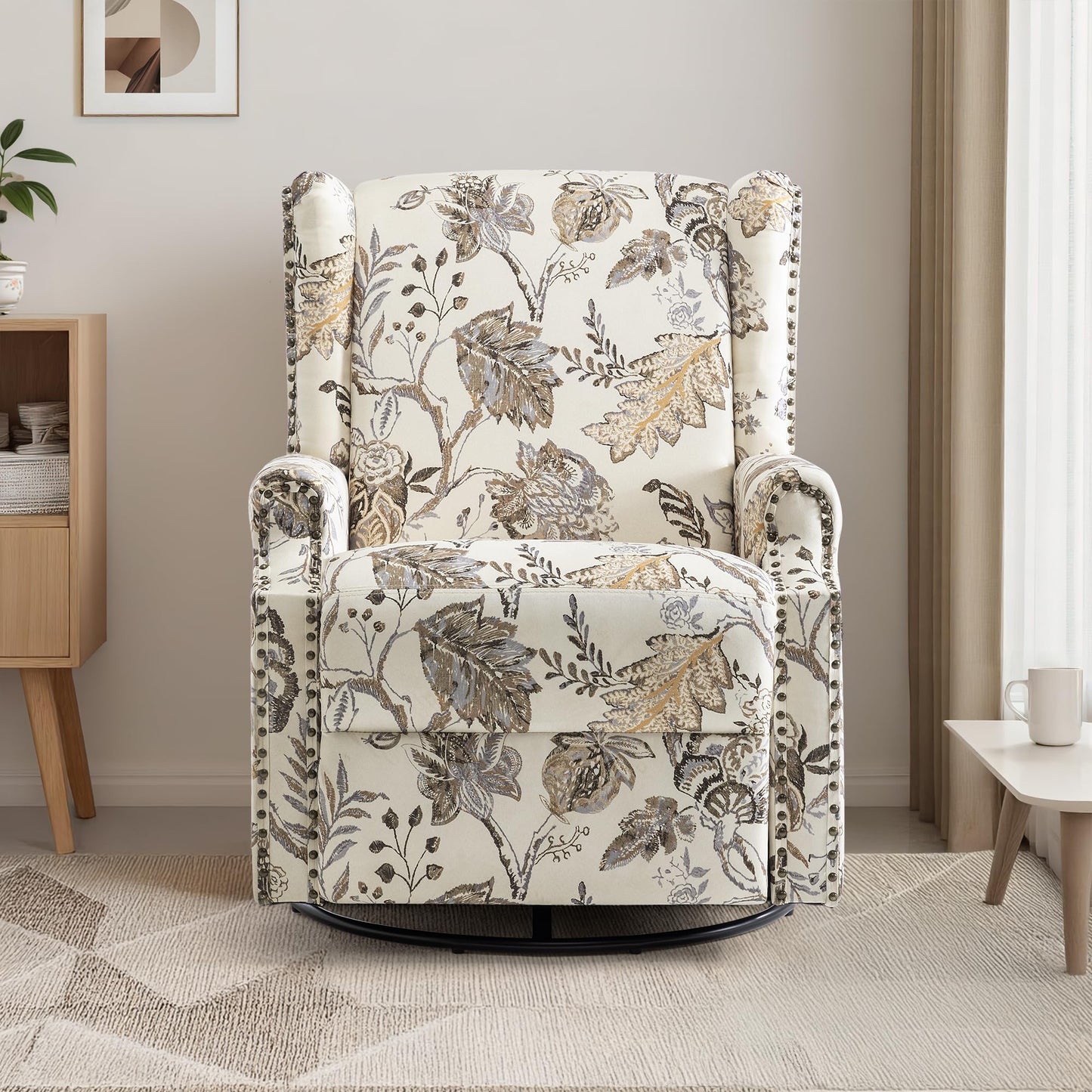 Swivel Rocker Recliner Chair, 360° Swivel Wingback Recliner Chairs for Adults, Upholstered Printed Fabric Glider Rocking Chair with High Back, Deep Seat for Living Romm Bedroom, Bird