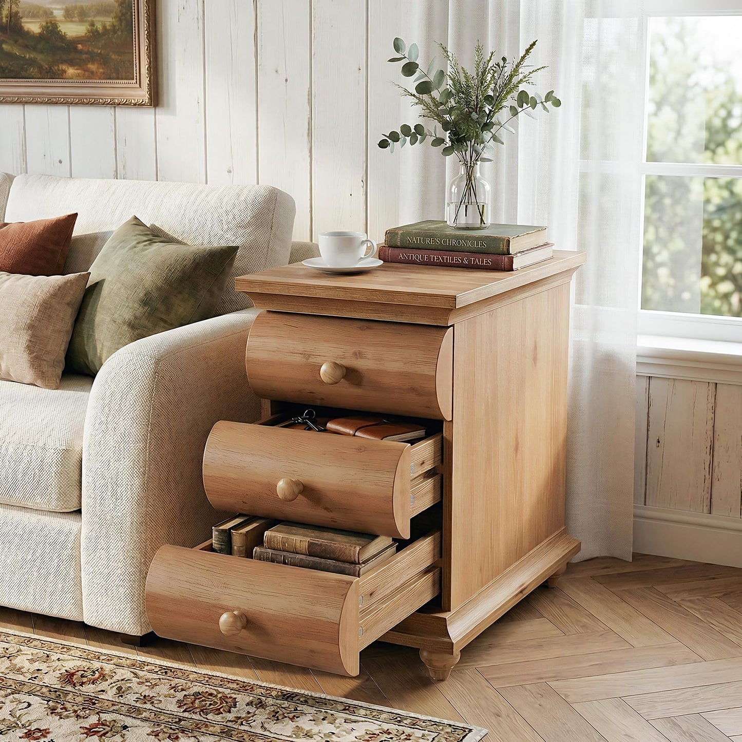 Solid Wood End Table Set of 2, 3 Drawers Narrow Sofa Side Table with Finished Back, Rustic Slim Nightstand Bedside Table for Bedroom, Living Room, Small Spce