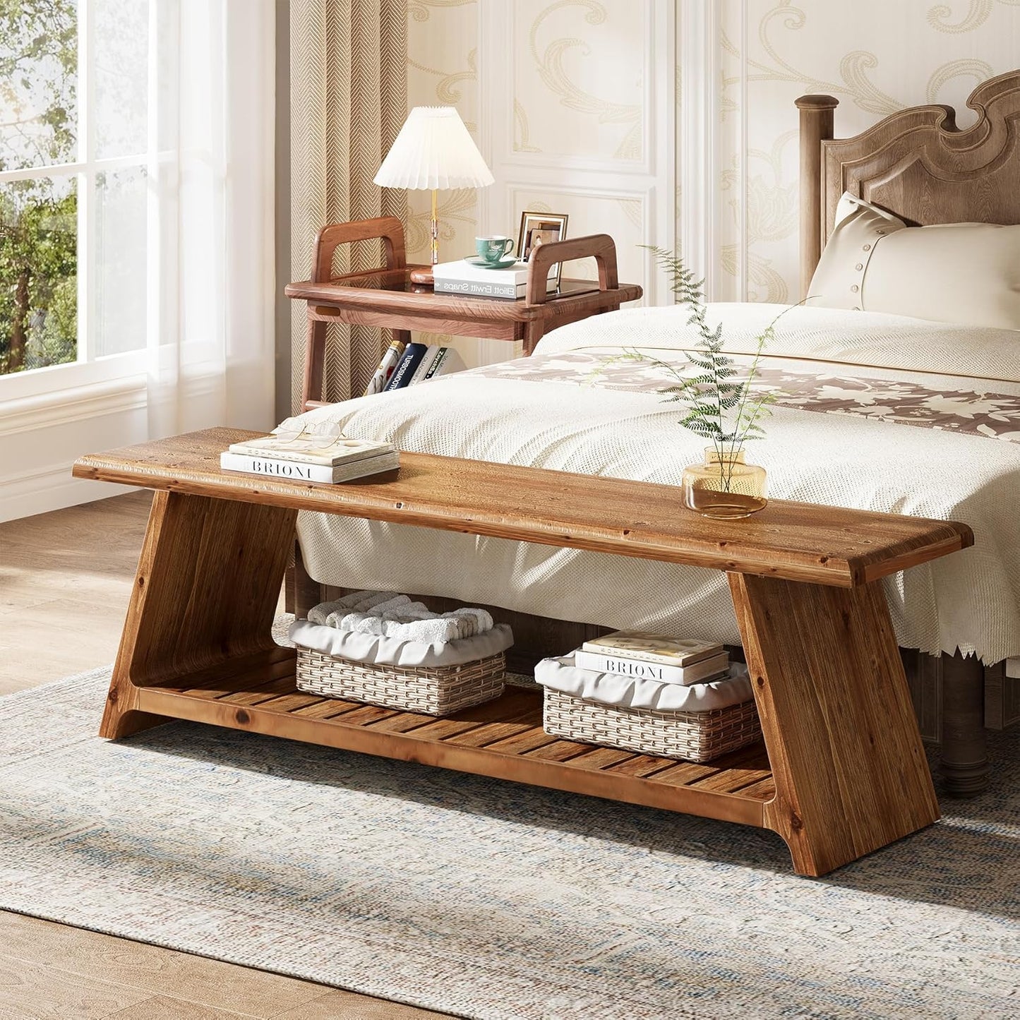 63-Inch Long Solid Wood Entryway Bench, Farmhouse Narrow Shoe Bench Seat, End of Bed with Storage for Entry, Hallway, Indoor, Living Room, Dark Walnut Brown