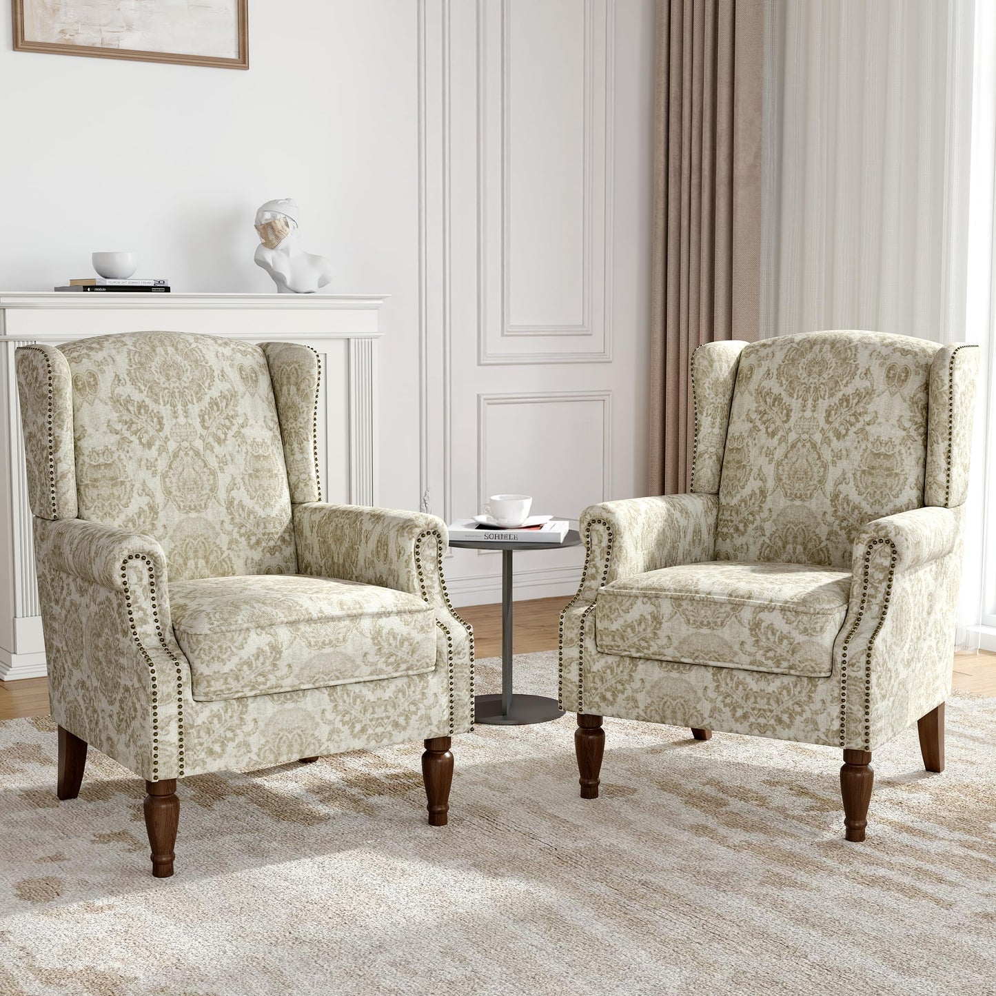Floral Wingback Accent Chair, High Back Upholstered Armchair, Comfy Fabric Wingback Arms Chairs with Solid Wood Legs, Single Sofa Reading Chair for Bedroom Living Room, Beige