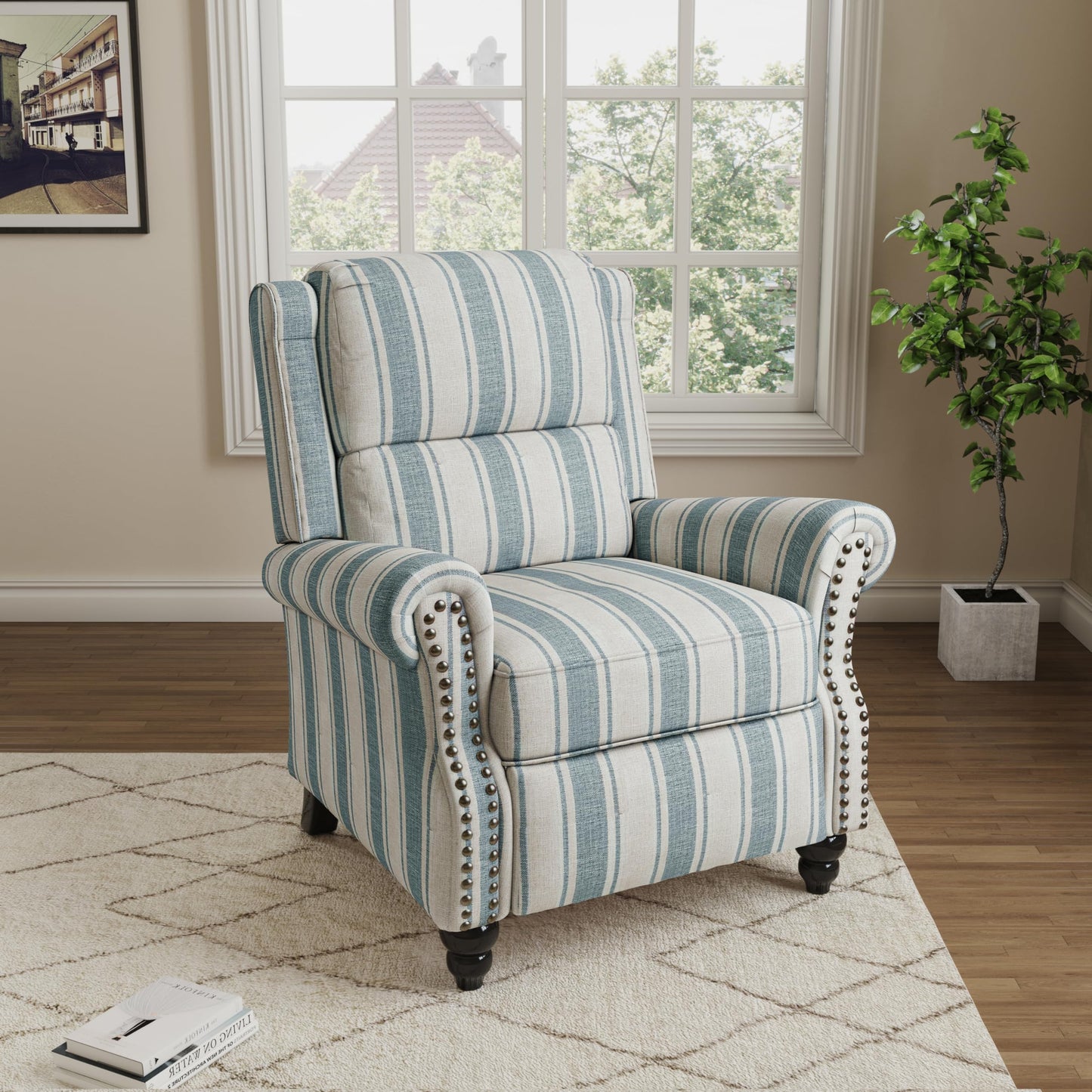 Pushback Recliner Chairs Set of 2, Comfy Fabric Wingback Recliner Chair, Upholstered Armchair Push Back Recliner with Wood Legs, Rivet Trim Accent Chair for Living Room, Bedroom, Blue Stripe