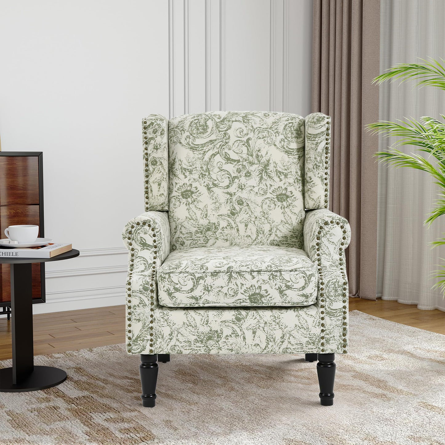 Floral Wingback Accent Chair, High Back Upholstered Armchair, Comfy Fabric Wingback Arms Chairs with Solid Wood Legs, Single Sofa Reading Chair for Bedroom Living Room, Beige