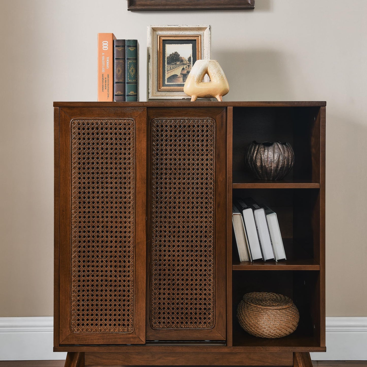 LKTART Mid Century Modern Storage Cabinet with Rattan Sliding Doors and Open Shelves, Boho Style Wooden Sideboard Buffet for Living Room,Dark Walnut