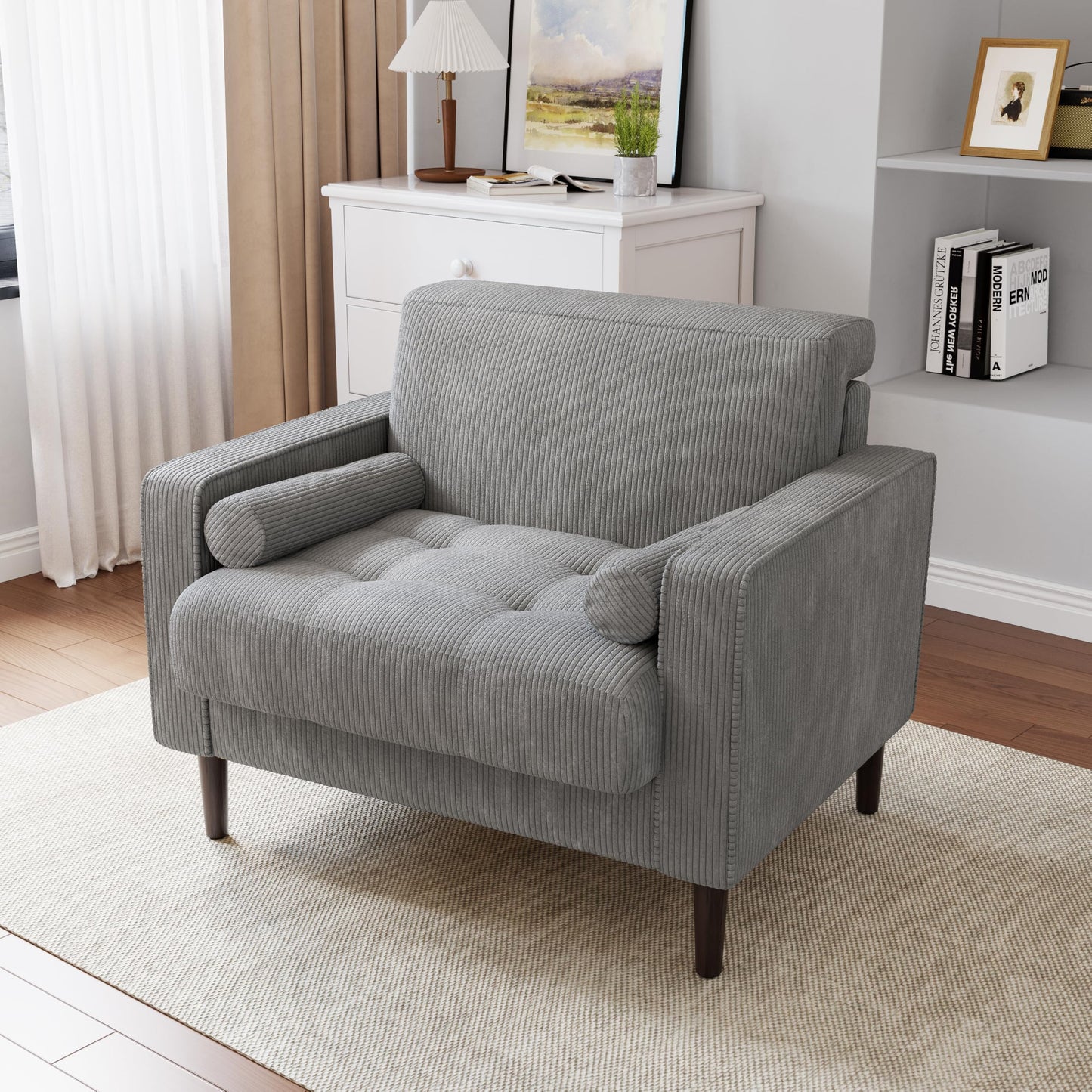 34.5" Arm Chair, Corduroy Fabric Modern Accent Chair, Comfy Upholstered Armchair Reading Chair with Solid Wood Legs for Living Room Bedroom Office, Yellow
