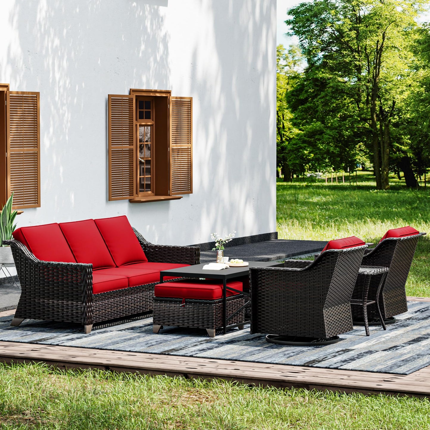 Joyside Patio Sofa - 3 Seater Rattan Sofa, All Weather High Back Sofa, Upgraded Large Size with 4inch Seat Cushions for Backyard, Garden, Poolside (Brown/Blue)