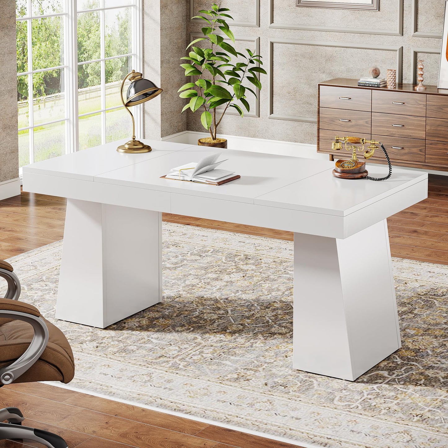 Tribesigns 55 Inches Executive Desk, Mid-Century Modern Home Office Desk, Wood MDF Computer Table Business Workstation Small Conference Table, Light Brown