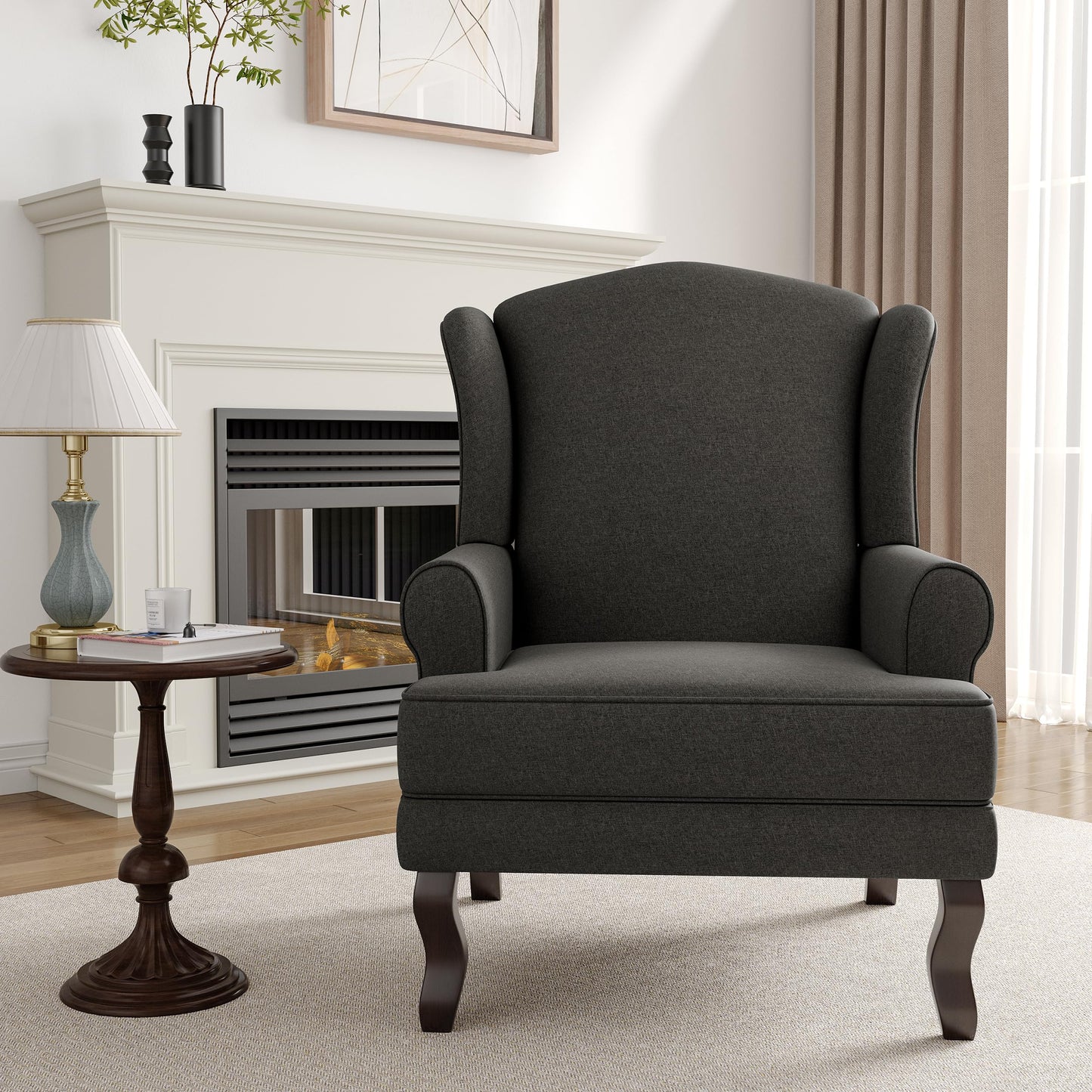 High Back Accent Chair, Comfy Upholstered Fabric Armchair for Living Room, Mid Century Modern Club Accent Chair with Curved Armrests and Solid Legs, Single Sofa Reading Chair for Bedroom, Cranberry
