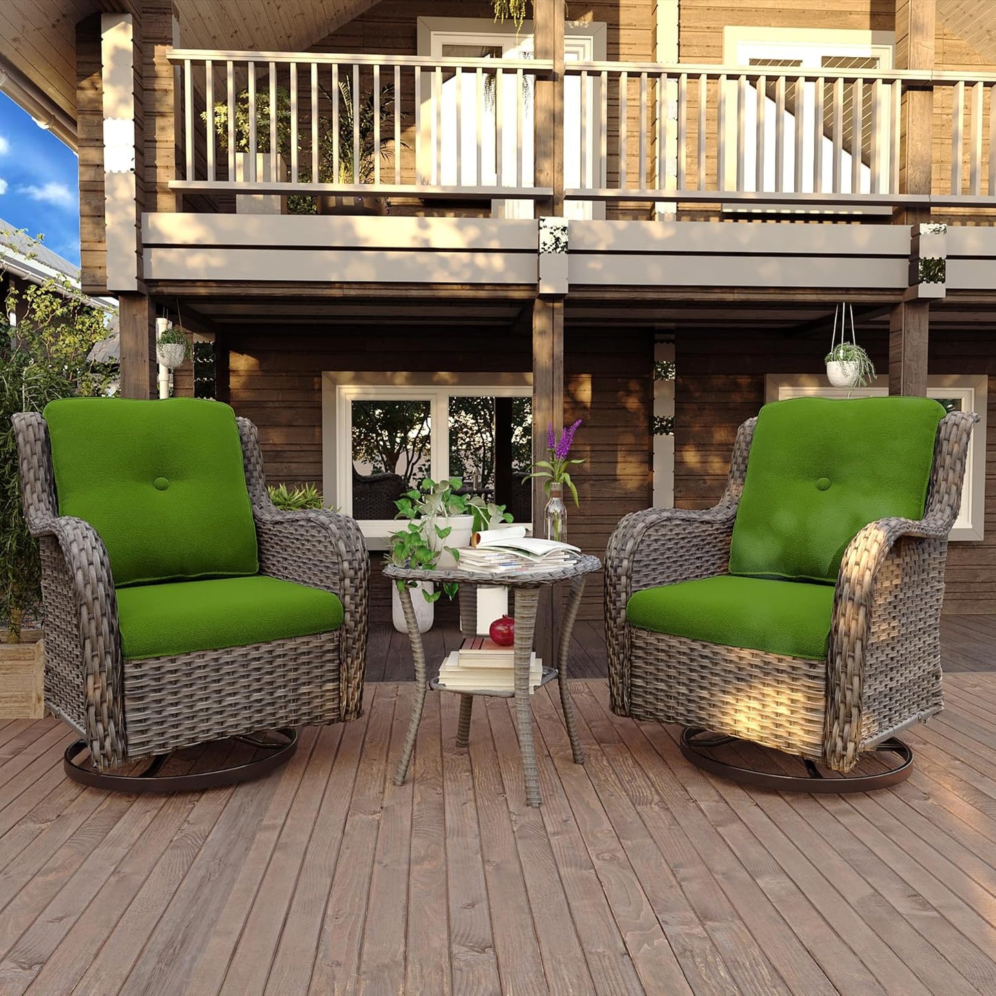 Joyside Outdoor 360 Degree Swivel Rocker Patio Chairs Sets of 2 and Matching Side Table - 3 Piece Wicker Patio Bistro Set Patio Swivel Rocker Chairs with Olefin Fabric Cushion(Brown/Green)