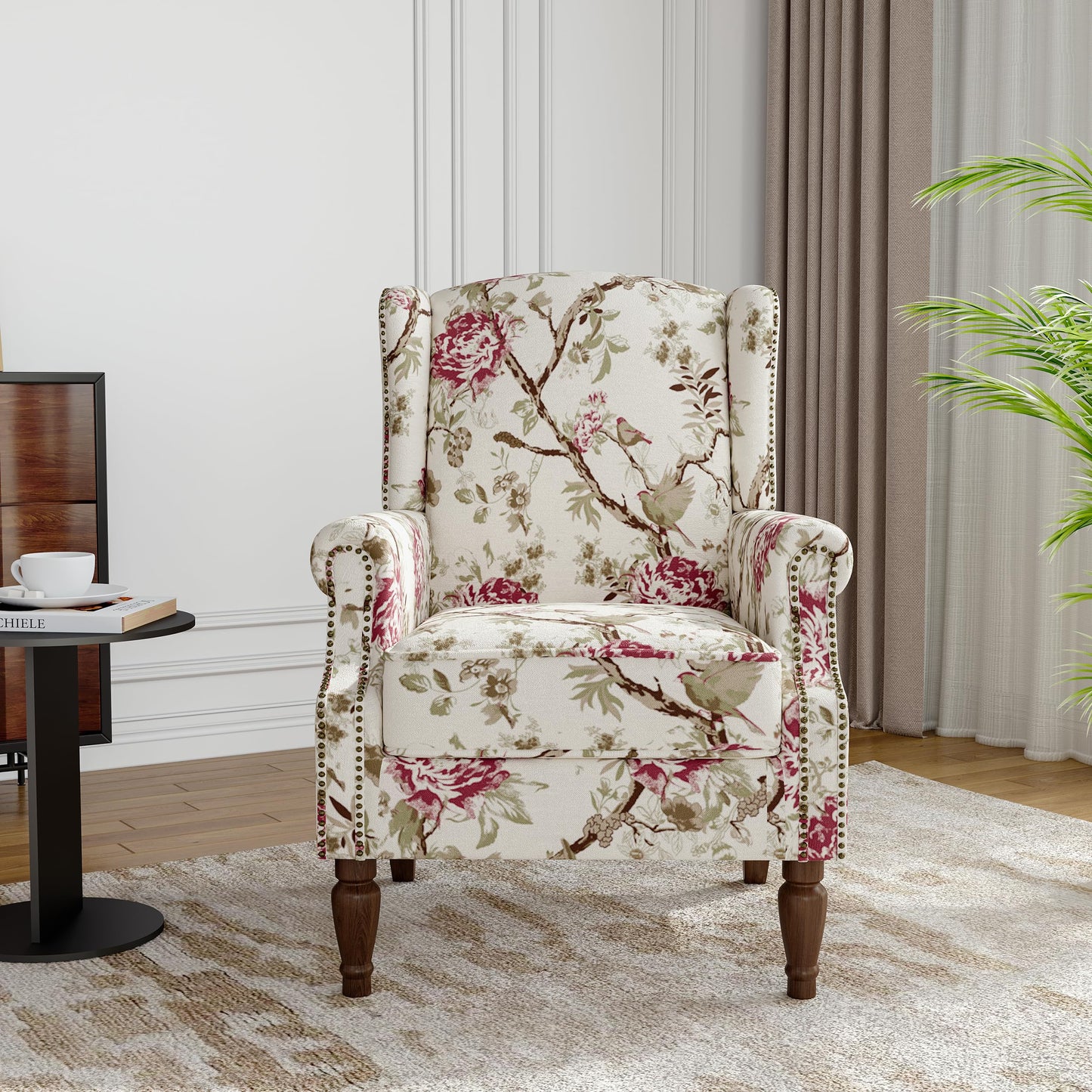 Floral Wingback Accent Chair, High Back Upholstered Armchair, Comfy Fabric Wingback Arms Chairs with Solid Wood Legs, Single Sofa Reading Chair for Bedroom Living Room, Beige