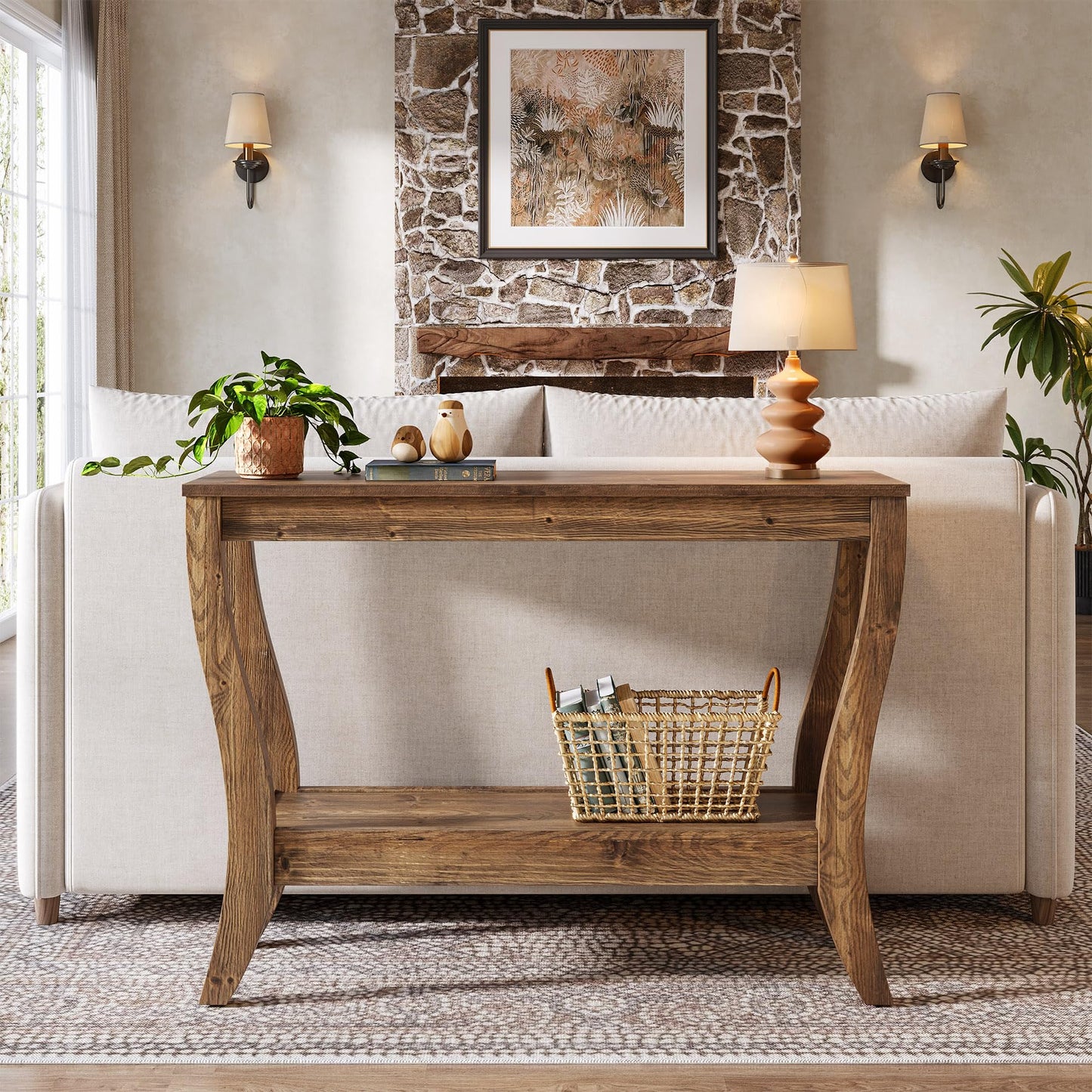 Solid Wood Console Table for Entryway, 41.3-Inch Farmhouse Sofa Table with Storage, 2-Tier Wooden Entrance Table for Living Room, Hallway, Foyer, (Brown)