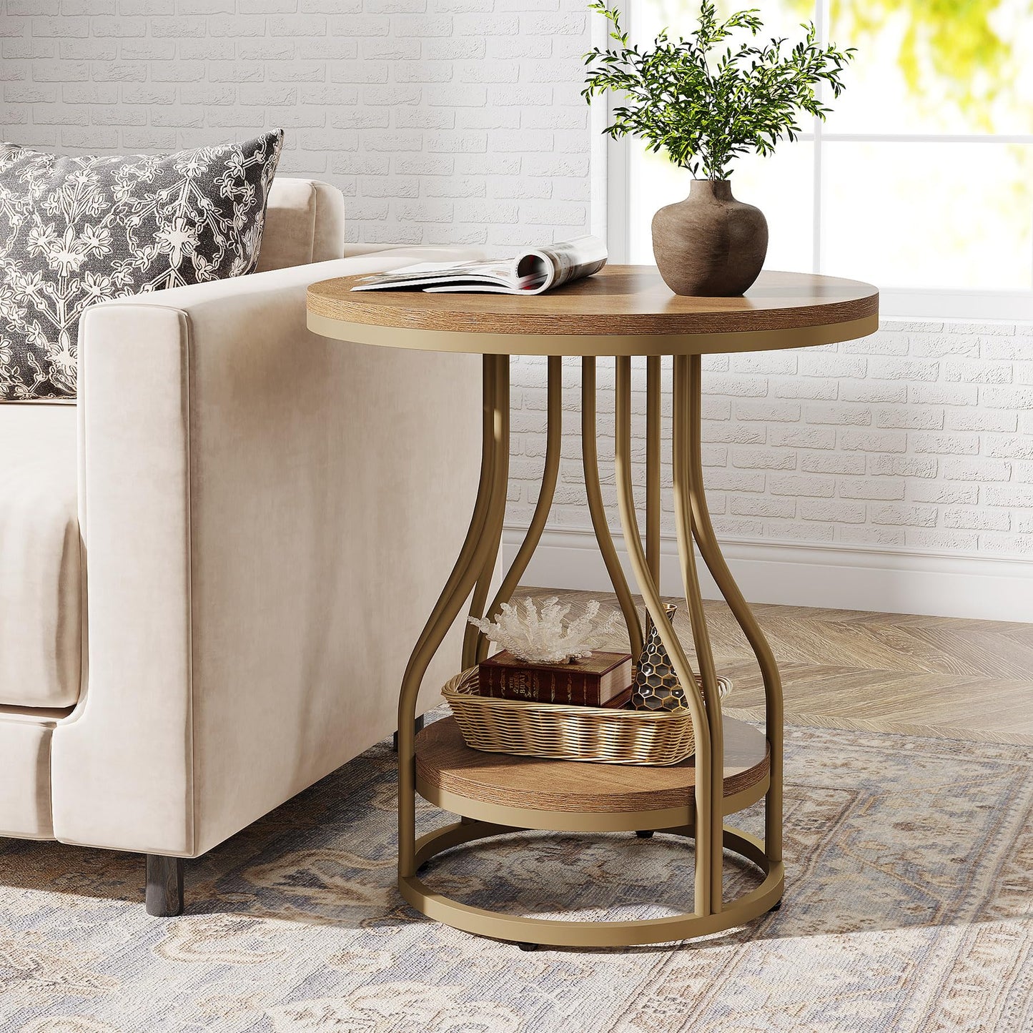 Tribesigns Round Side End Table 2-Tier End Tables Modern Bedside Table Small Chairside Tables with Storage for Couch Side, Nightstand with Metal Frame for Living Room (1, White+Gold)