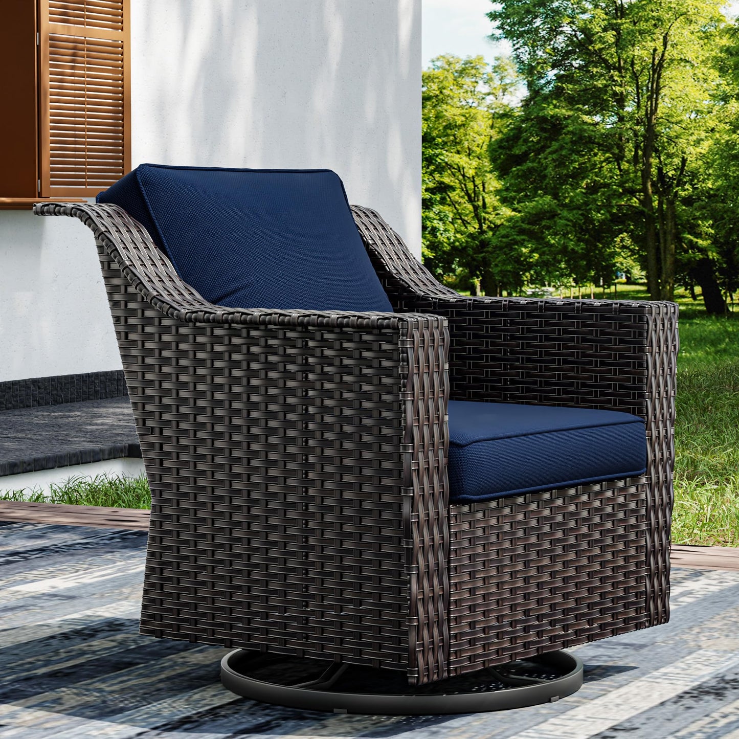 Joyside Patio Sofa - 3 Seater Rattan Sofa, All Weather High Back Sofa, Upgraded Large Size with 4inch Seat Cushions for Backyard, Garden, Poolside (Brown/Blue)