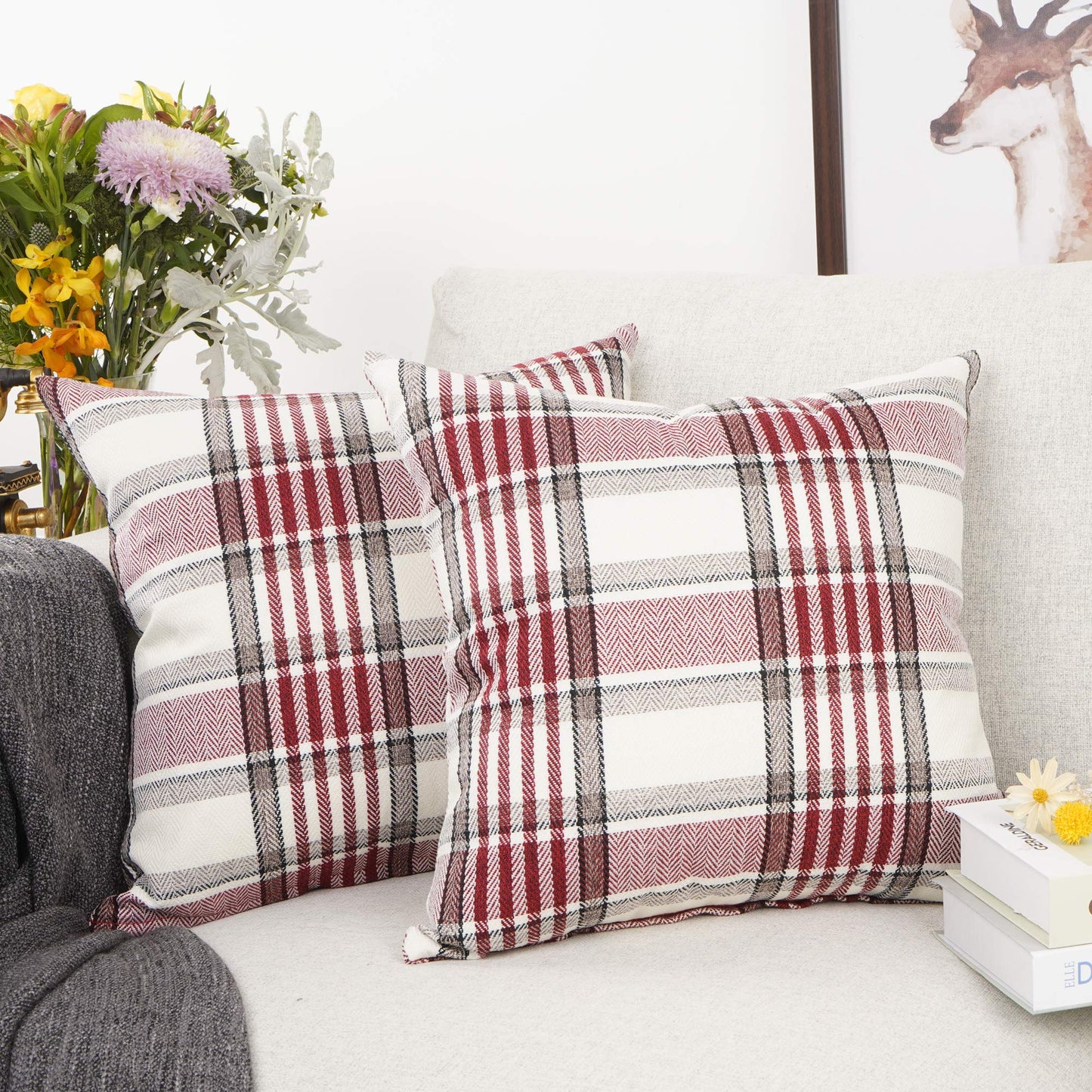 YOUR SMILE Retro Farmhouse Outdoor Buffalo Tartan Chequer Plaid Cotton Linen Decorative Throw Pillow Case Cushion Cover Pillowcase for Sofa 18 x 18 Inch, Set of 2, Khaki/Stripe