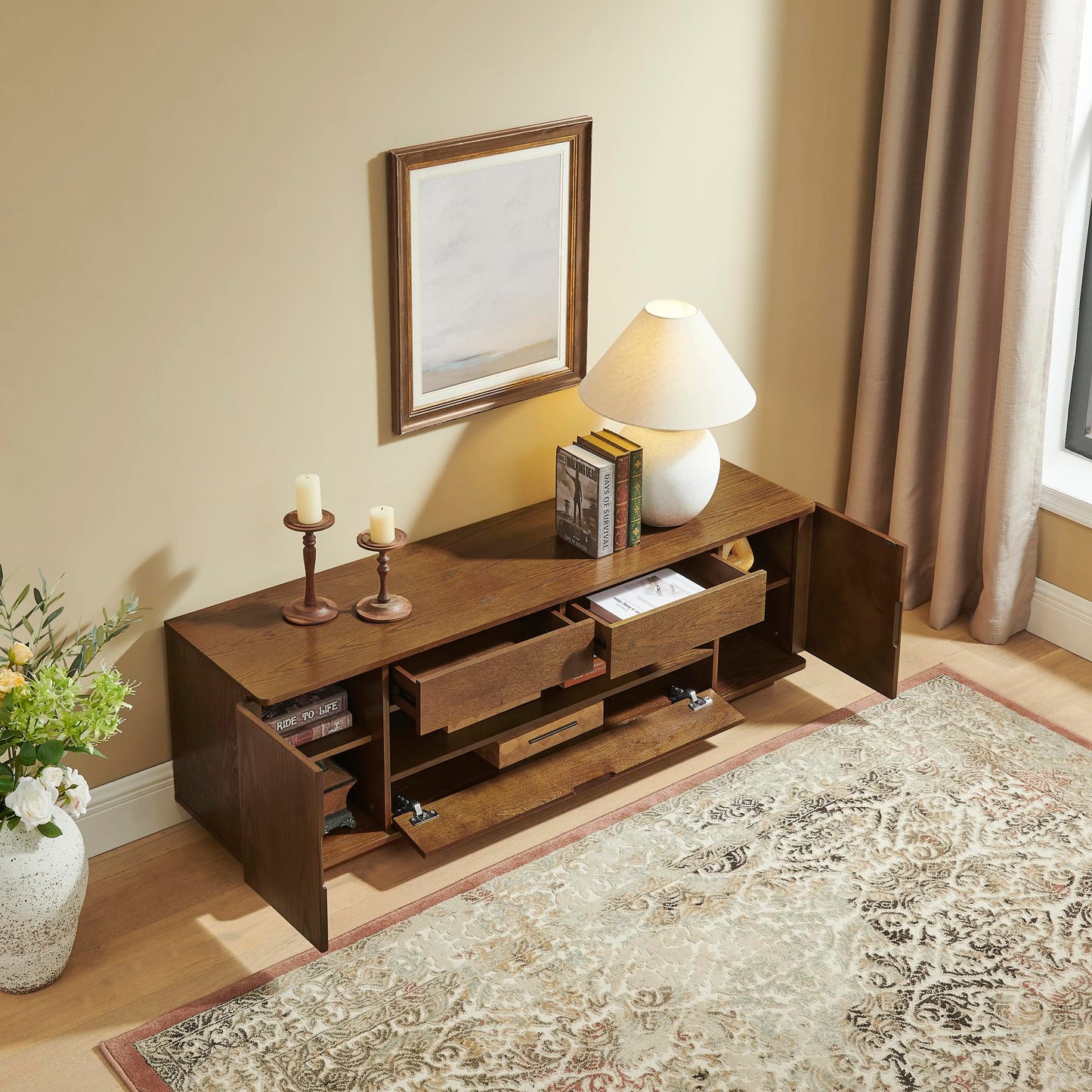 LKTART Mid Century Modern Rattan TV Stand for 65 Inch TV,59" Boho Media Console with Sliding Doors & Open Shelves,Solid Wood Legs for Living Room,Light Walnut