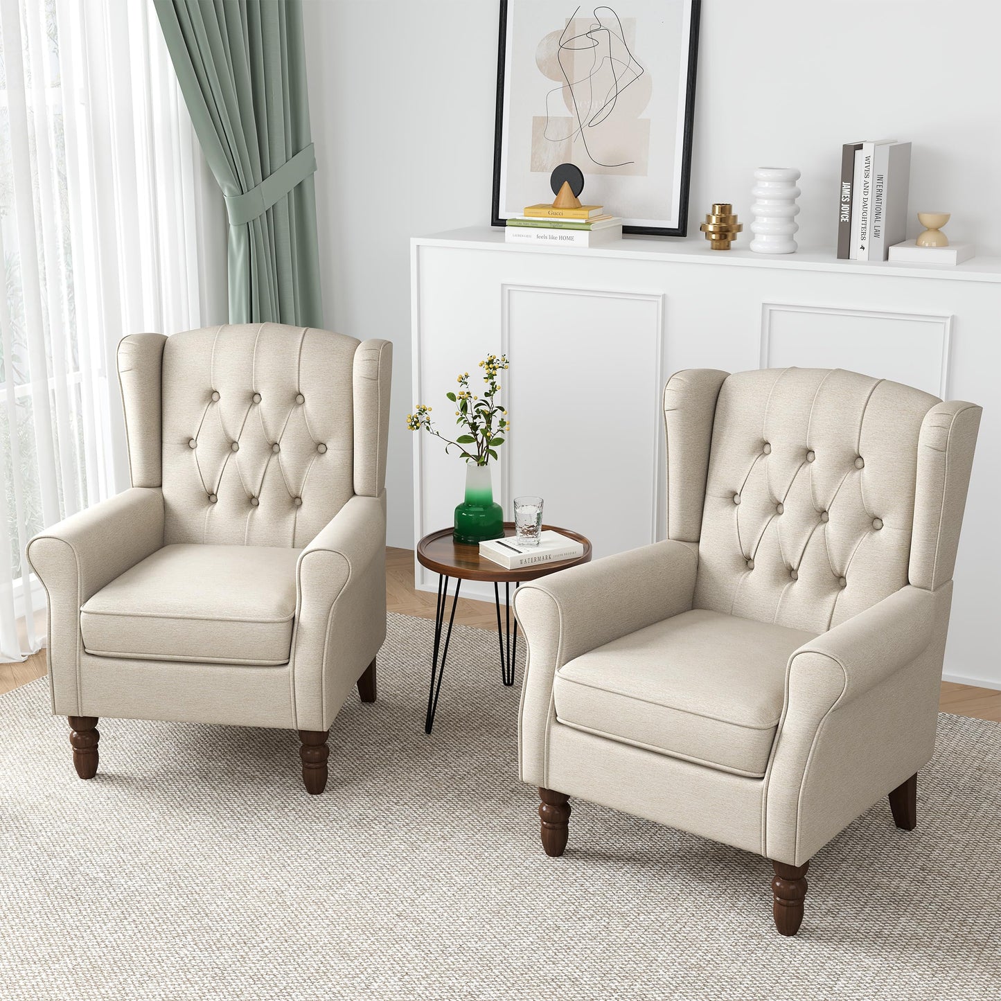 Faux Leather Wingback Chairs Set of 2, High Back Accent Chair for Living Room, Button-Tufted Upholstered Armchair with Solid Wood Legs, Comfy Reading Chair for Bedroom, Brown