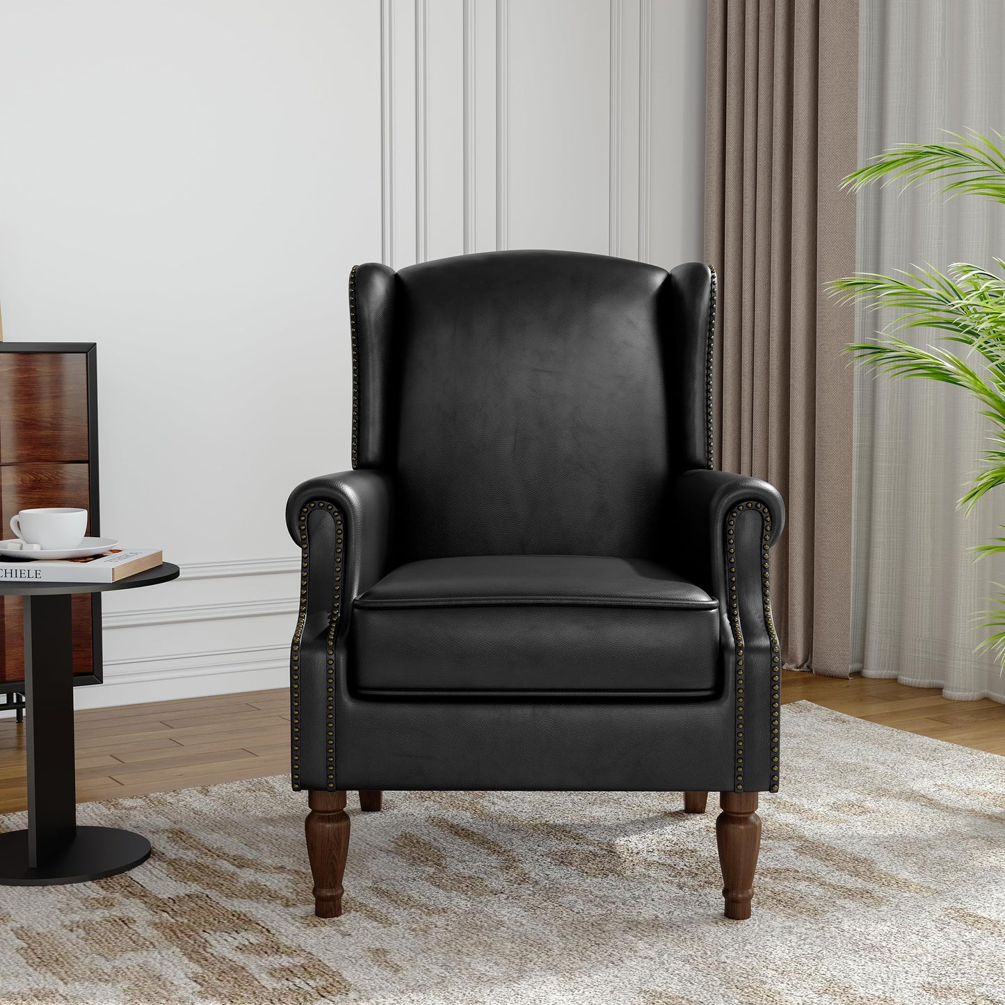 Floral Wingback Accent Chair, High Back Upholstered Armchair, Comfy Fabric Wingback Arms Chairs with Solid Wood Legs, Single Sofa Reading Chair for Bedroom Living Room, Beige