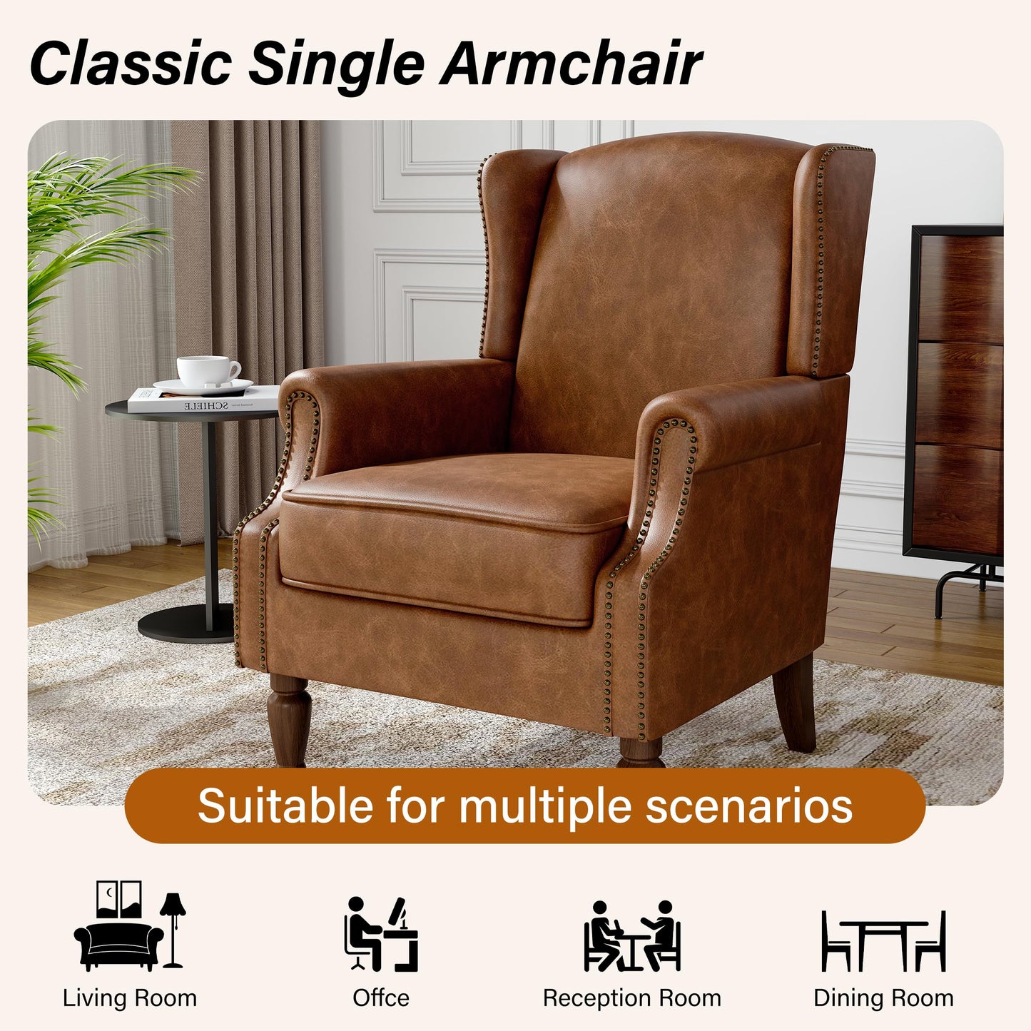 Floral Wingback Accent Chair, High Back Upholstered Armchair, Comfy Fabric Wingback Arms Chairs with Solid Wood Legs, Single Sofa Reading Chair for Bedroom Living Room, Beige