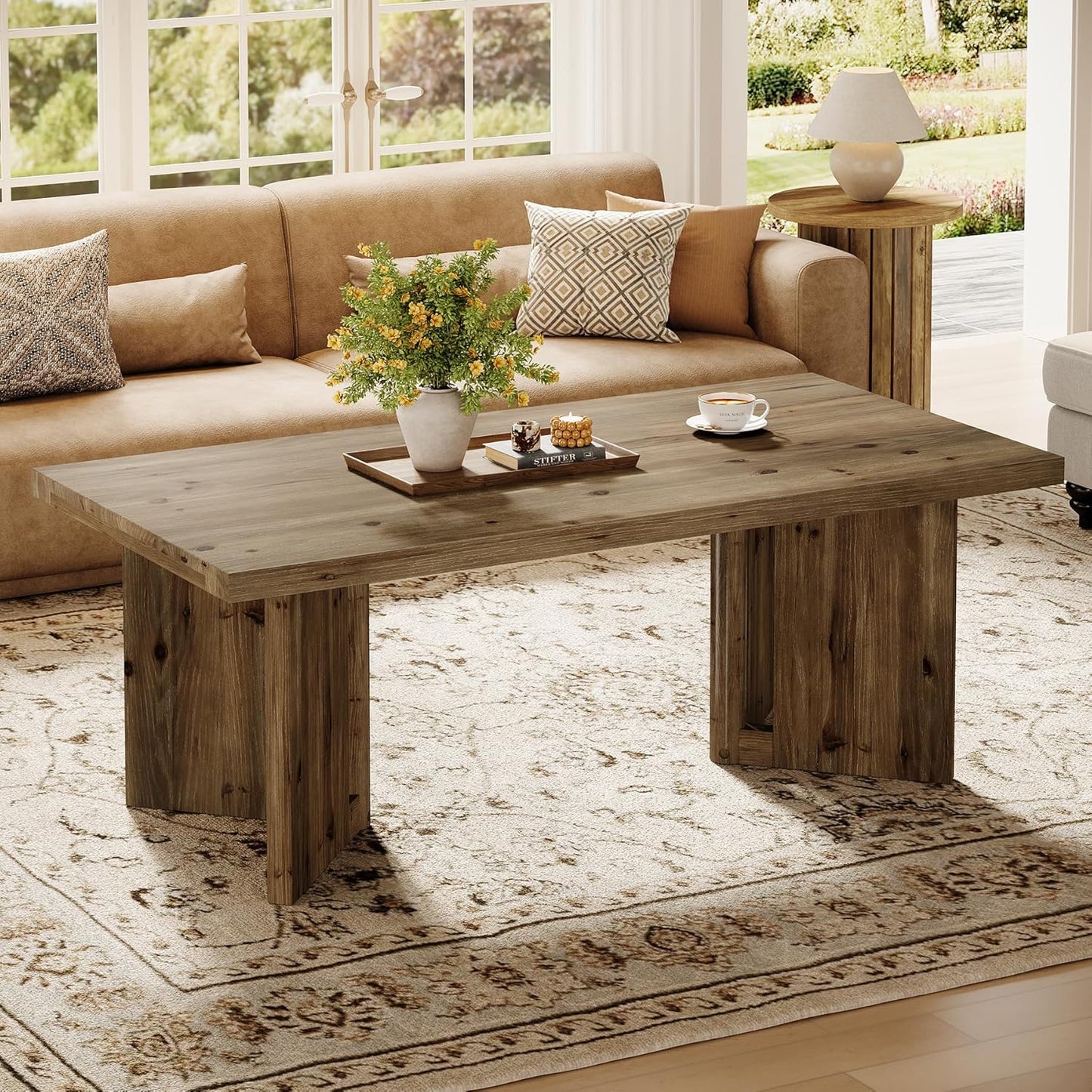 Wood Coffee Table, 47-Inch Farmhouse Rectangle Center Table with Triangle Legs, Rustic Long Tea Table for Living Room, Brown