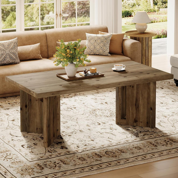 Wood Coffee Table, 47-Inch Farmhouse Rectangle Center Table with Triangle Legs, Rustic Long Tea Table for Living Room, Brown