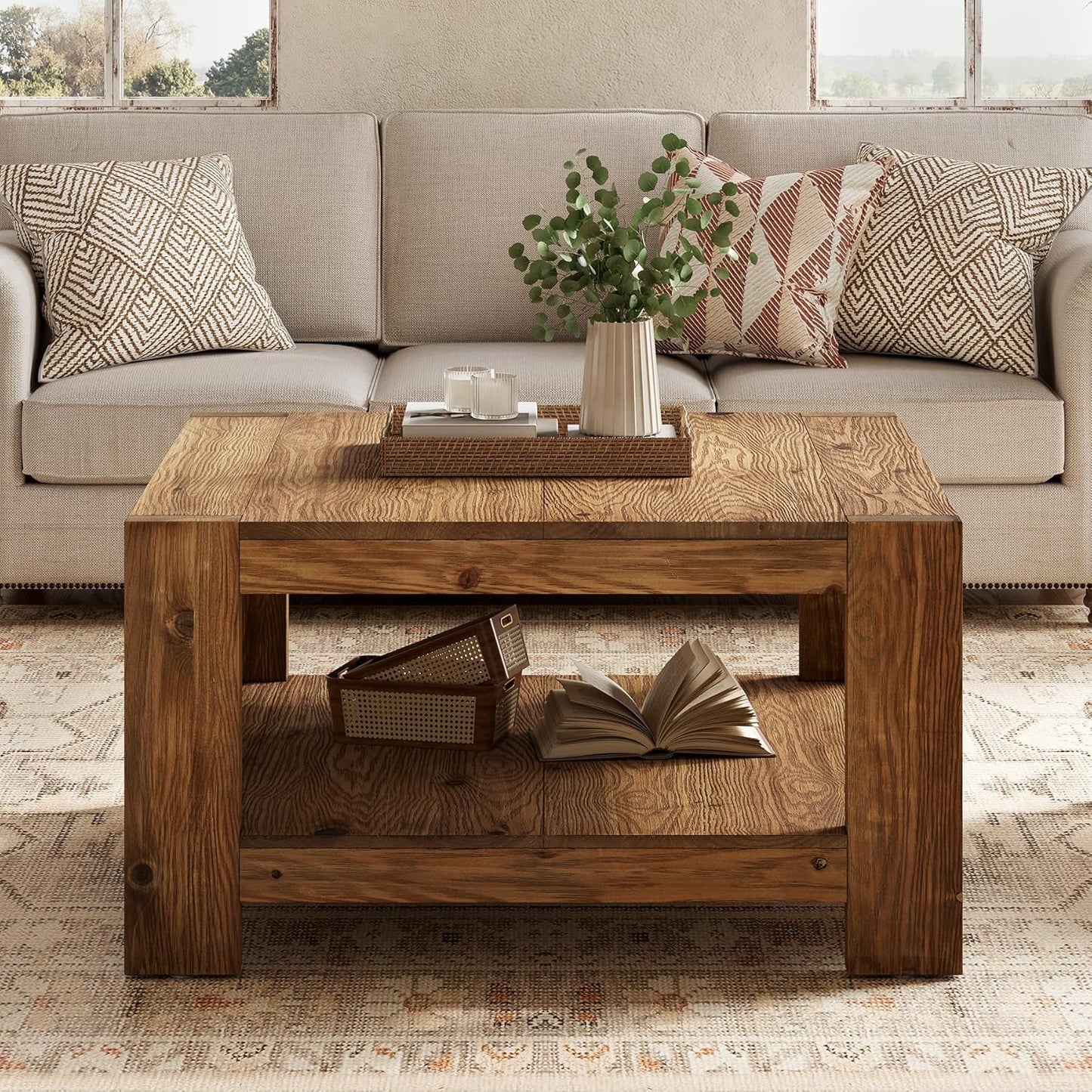 Solid Wood Coffee Table, 31.5" Square Farmhouse Center Table with Storage Shelf for Living Room, 2-Tier Cocktail Accent Tea Furniture for Small Space, Office, Rustic Brown