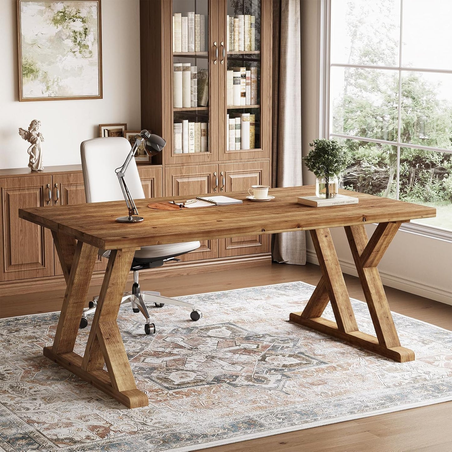 63" Solid Wood Executive Desk for Home Office, Farmhouse Wooden Large Office Computer Desk, Writing Study Table Business Workstation with X Shaped Legs, Rustic Brown
