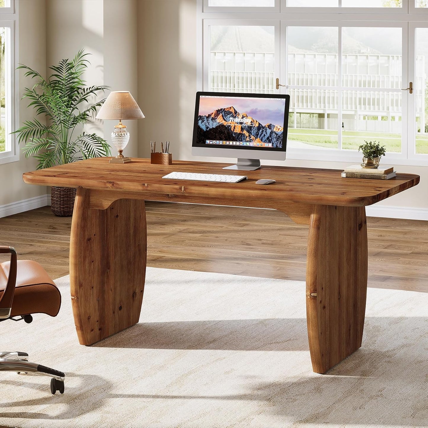 63-Inch Solid Wood Executive Desk, Large Office Computer Desk with Sturdy Wooden Legs, Farmhouse Writing Table Business Workstation for Home Office, Brown
