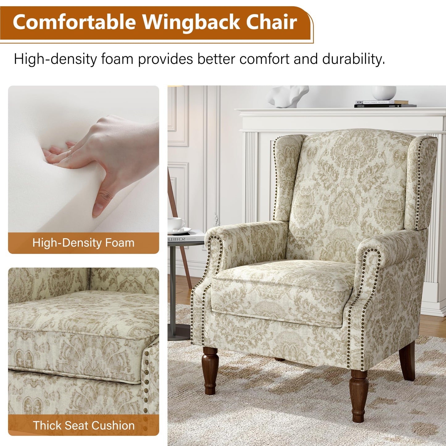 Floral Wingback Accent Chair, High Back Upholstered Armchair, Comfy Fabric Wingback Arms Chairs with Solid Wood Legs, Single Sofa Reading Chair for Bedroom Living Room, Beige