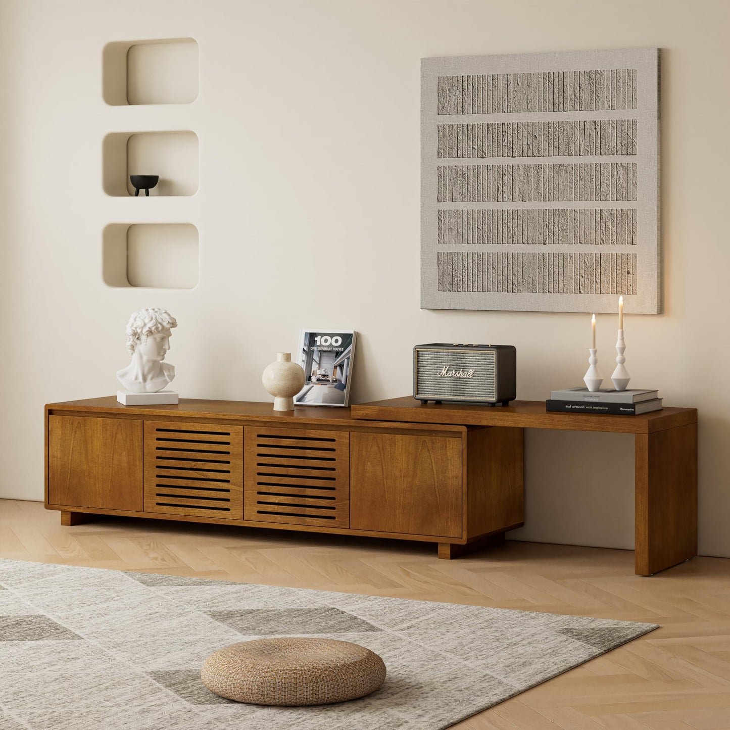 LKTART Mid Century Modern Rattan TV Stand for 65 Inch TV,59" Boho Media Console with Sliding Doors & Open Shelves,Solid Wood Legs for Living Room,Light Walnut