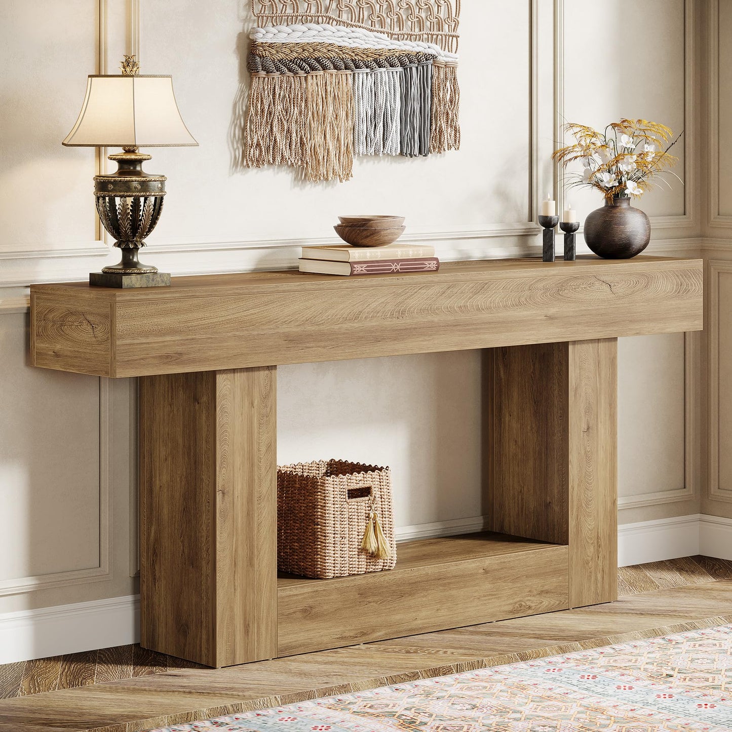 Tribesigns 63" Console Table, Farmhouse 2-Tier Entryway Table with U-Shaped Base, Narrow Long Wood Sofa Table Behind Couch Table for Living Room, Hallway, Foyer, Vintage Brown & Gray | Farmhouse