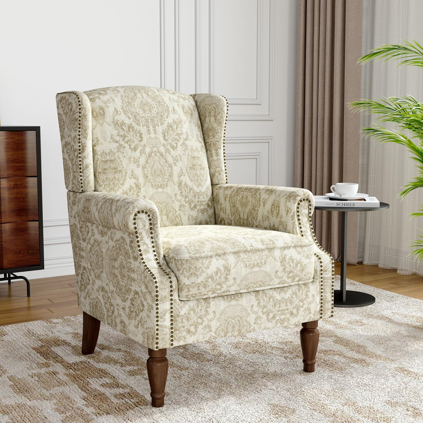 Floral Wingback Accent Chair, High Back Upholstered Armchair, Comfy Fabric Wingback Arms Chairs with Solid Wood Legs, Single Sofa Reading Chair for Bedroom Living Room, Beige