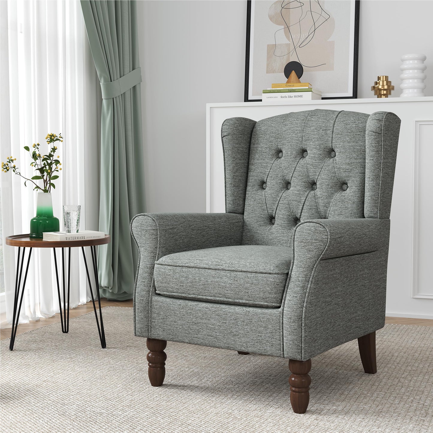Faux Leather Wingback Chairs Set of 2, High Back Accent Chair for Living Room, Button-Tufted Upholstered Armchair with Solid Wood Legs, Comfy Reading Chair for Bedroom, Brown