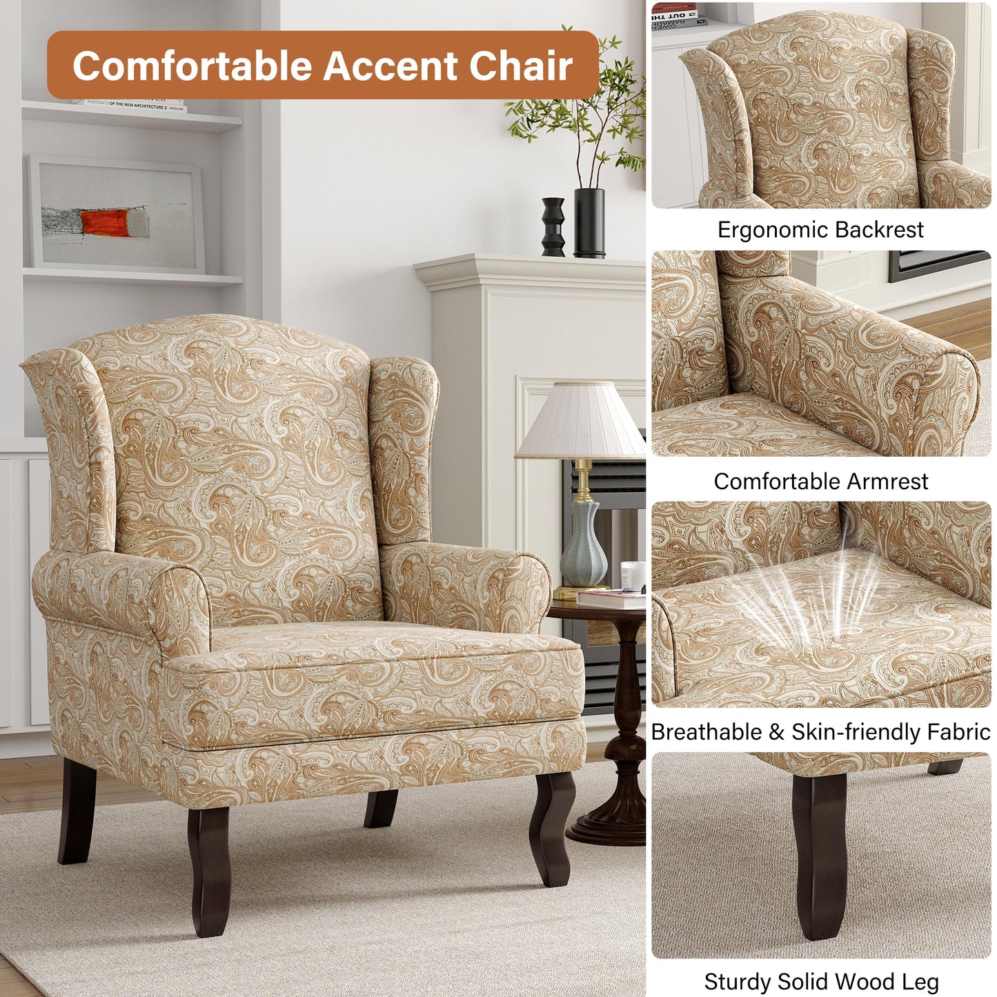 High Back Accent Chair, Comfy Upholstered Fabric Armchair for Living Room, Mid Century Modern Club Accent Chair with Curved Armrests and Solid Legs, Single Sofa Reading Chair for Bedroom, Cranberry