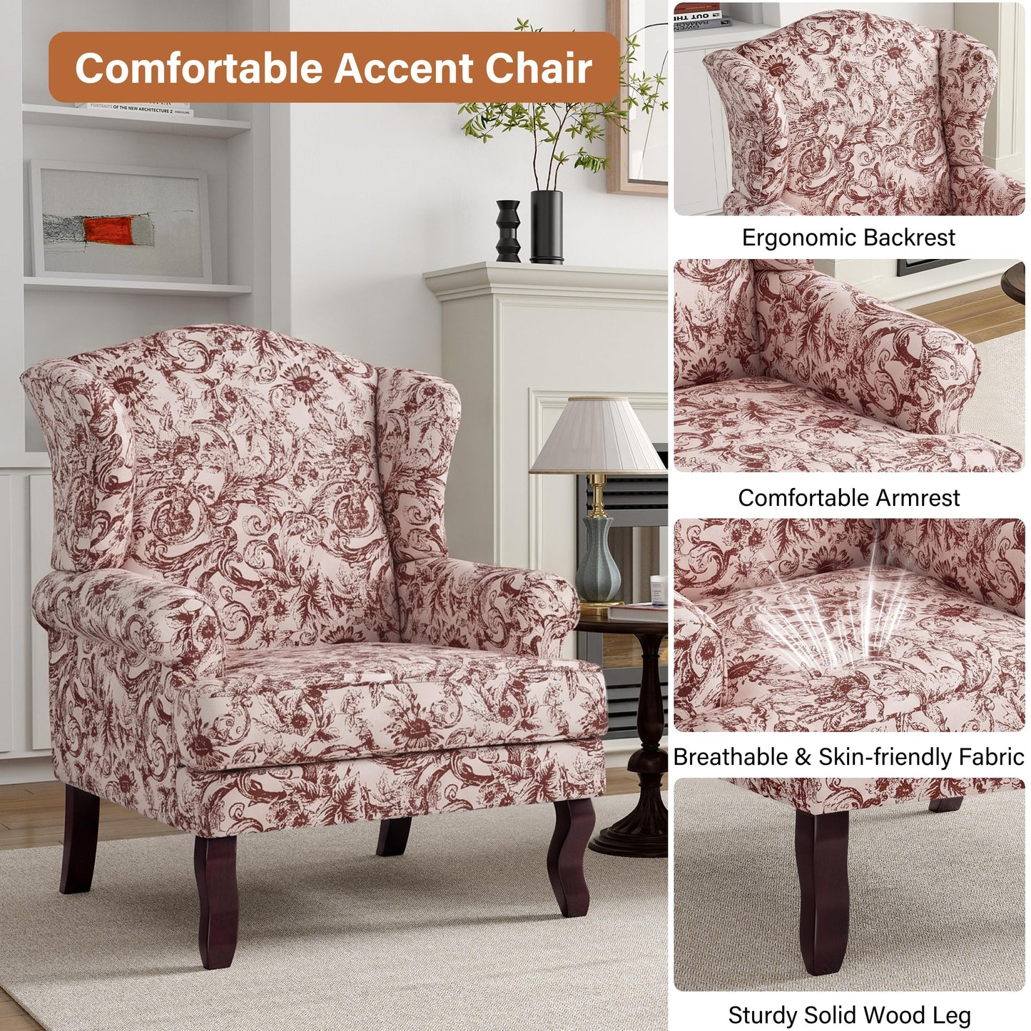 High Back Accent Chair, Comfy Upholstered Fabric Armchair for Living Room, Mid Century Modern Club Accent Chair with Curved Armrests and Solid Legs, Single Sofa Reading Chair for Bedroom, Cranberry