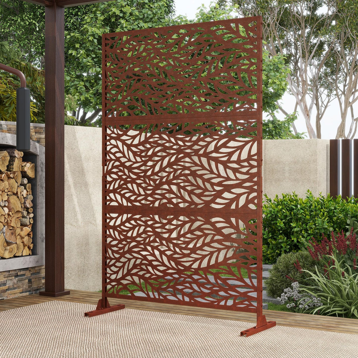 Outdoor Metal Privacy Screen with Stand, 72" H x 47" W Freestanding Outdoor Patio Divider, Decorative Patio Privacy Fence Panel for Garden Backyard Balcony Porch (Brown-Crossbanding)