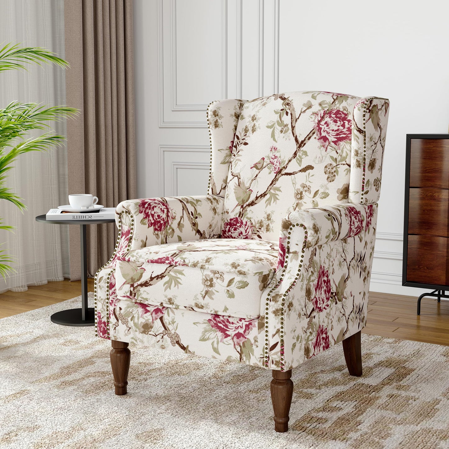 Floral Wingback Accent Chair, High Back Upholstered Armchair, Comfy Fabric Wingback Arms Chairs with Solid Wood Legs, Single Sofa Reading Chair for Bedroom Living Room, Beige